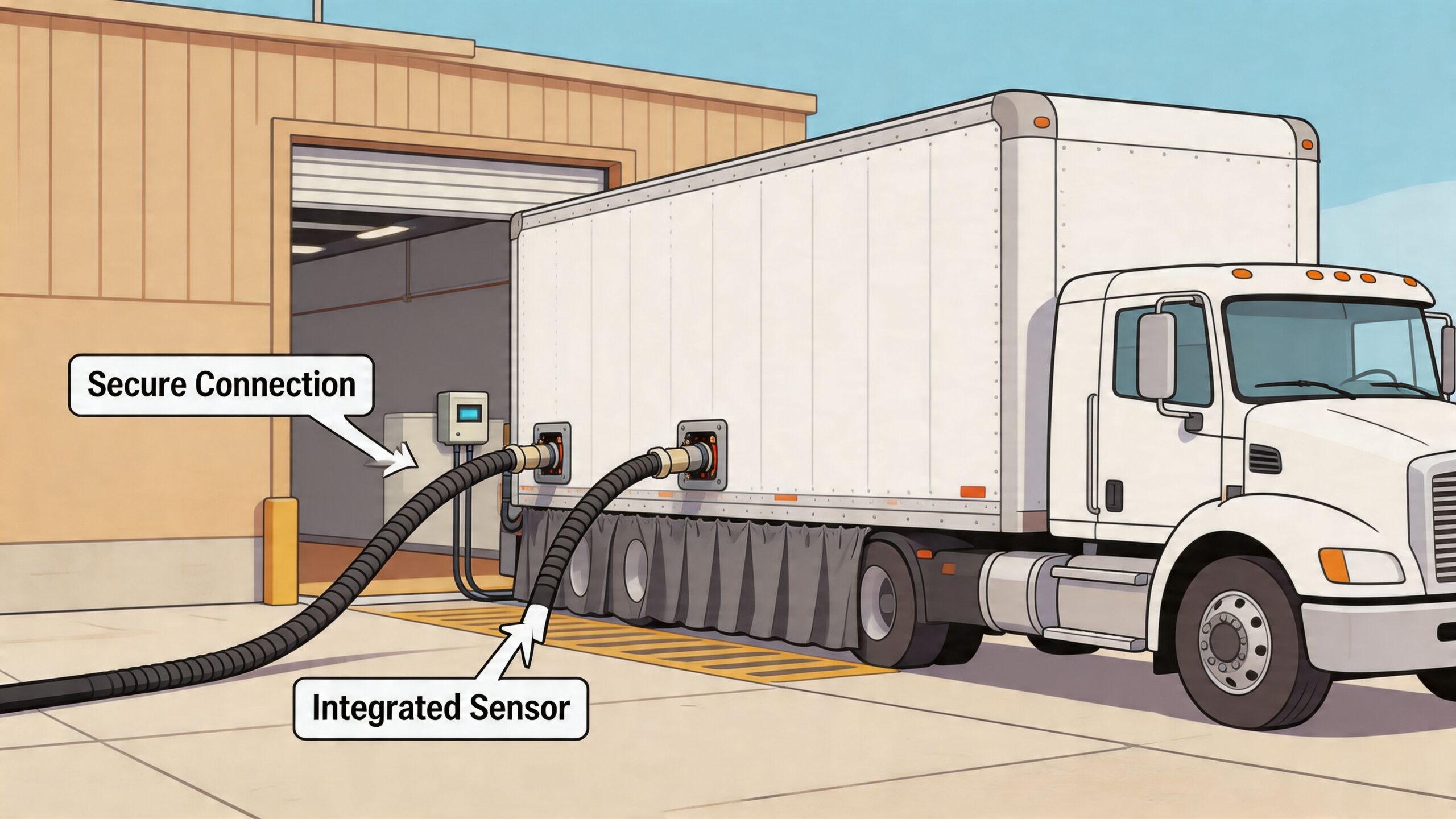 A commercial truck connected to a facility for loading or offloading via secure hoses with integrated sensors.