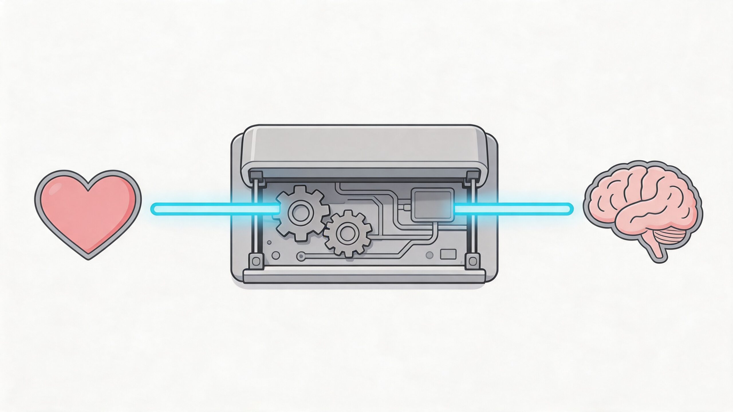 A conceptual illustration showing a digital connection between a human heart and brain via a central machine.