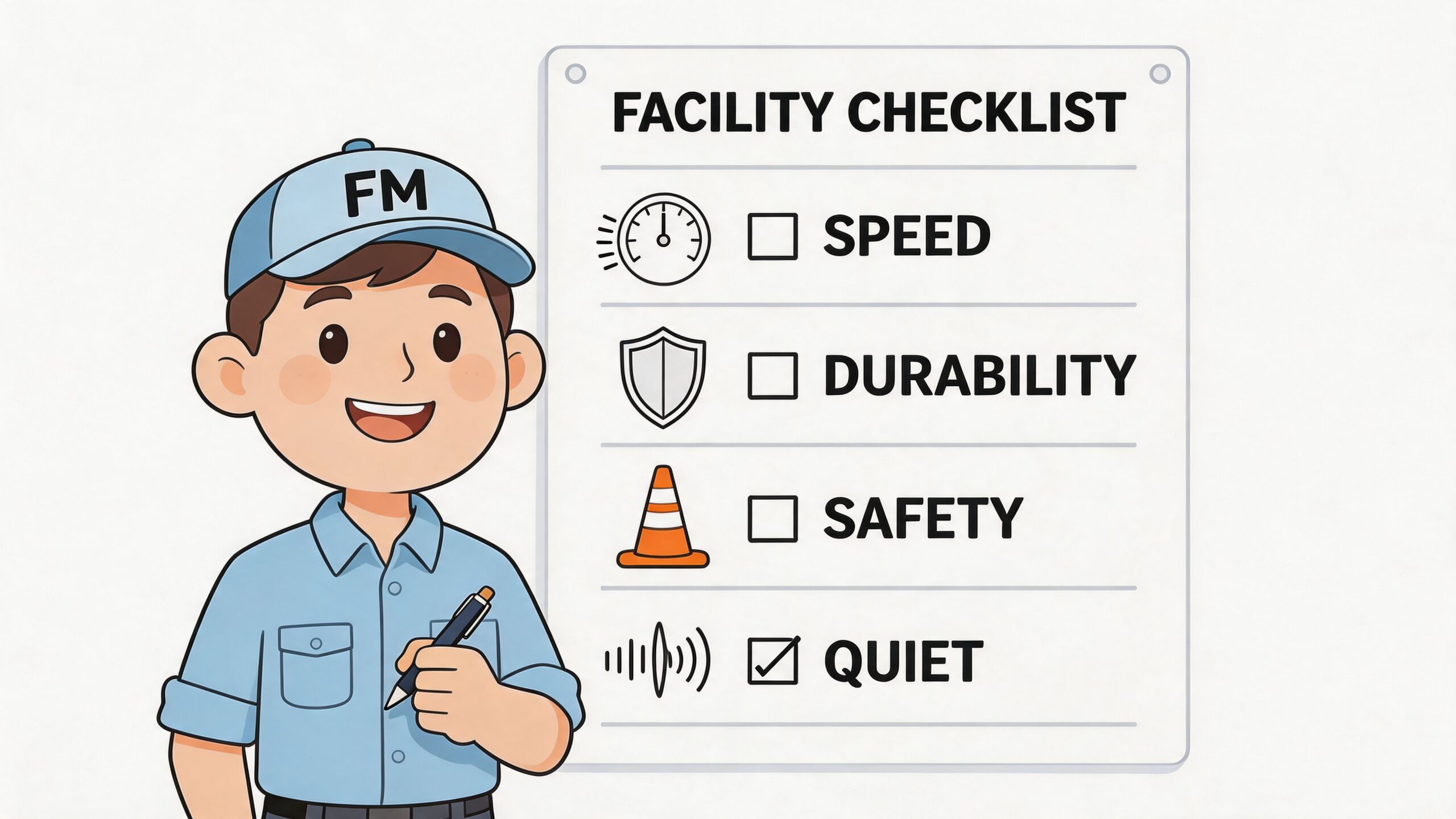 A friendly facility manager checking off a list regarding overhead door garage opener features.