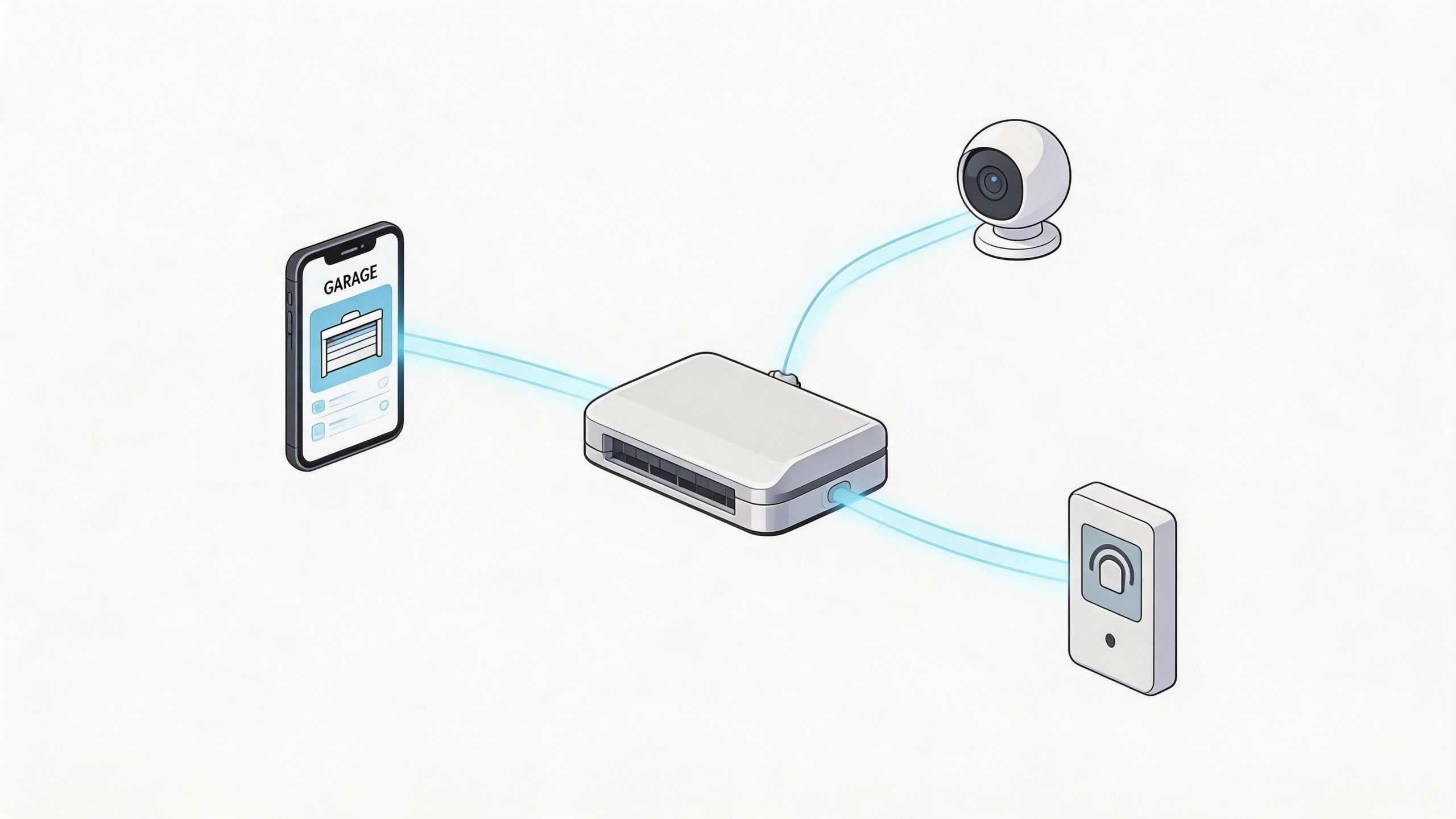 A smartphone showing a garage control app connected to a smart hub, security camera, and wall switch.