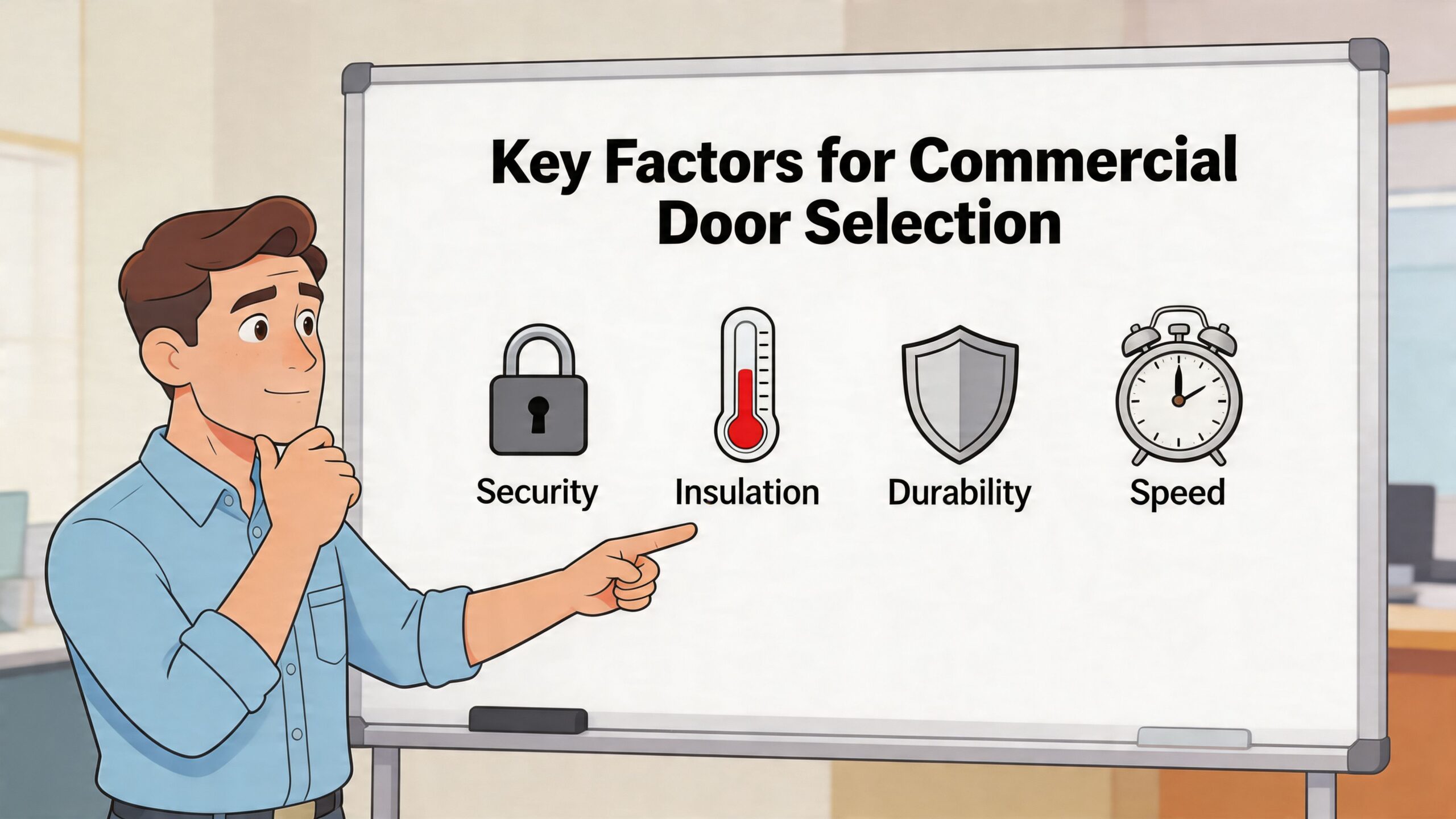 A professional presenting four key factors for commercial door selection on a whiteboard: security, insulation, durability, and speed.