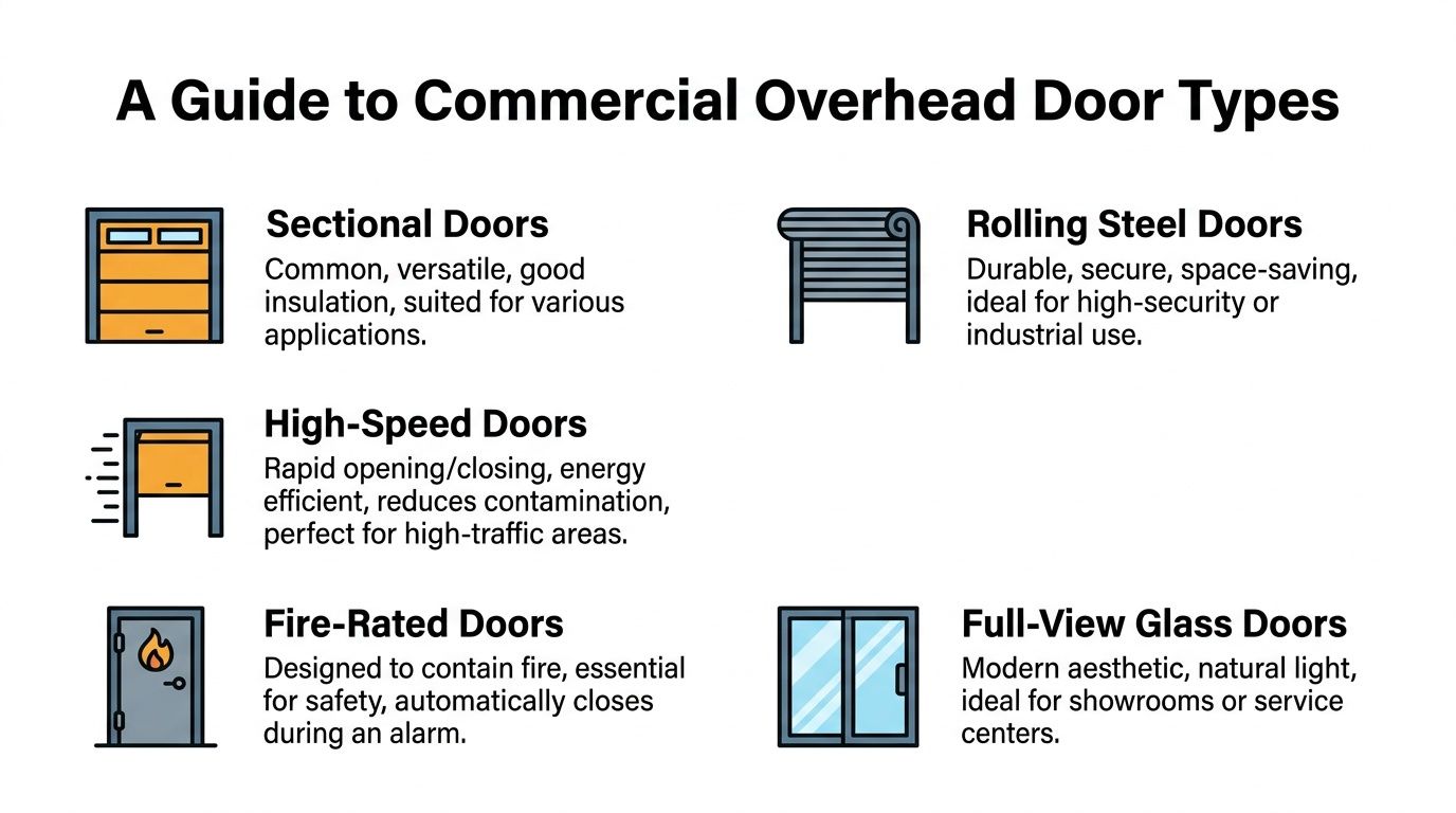 An infographic titled A Guide to Commercial Overhead Door Types explaining different door categories and uses.