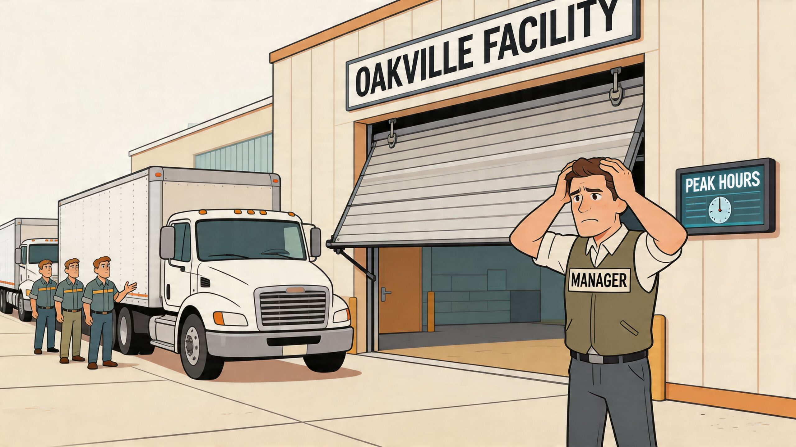 Stressed manager at Oakville Facility standing outside with trucks waiting to enter the overhead door.