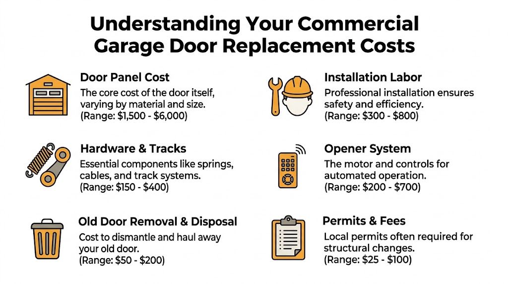An infographic detailing the various cost components of replacing a commercial garage door with price ranges.