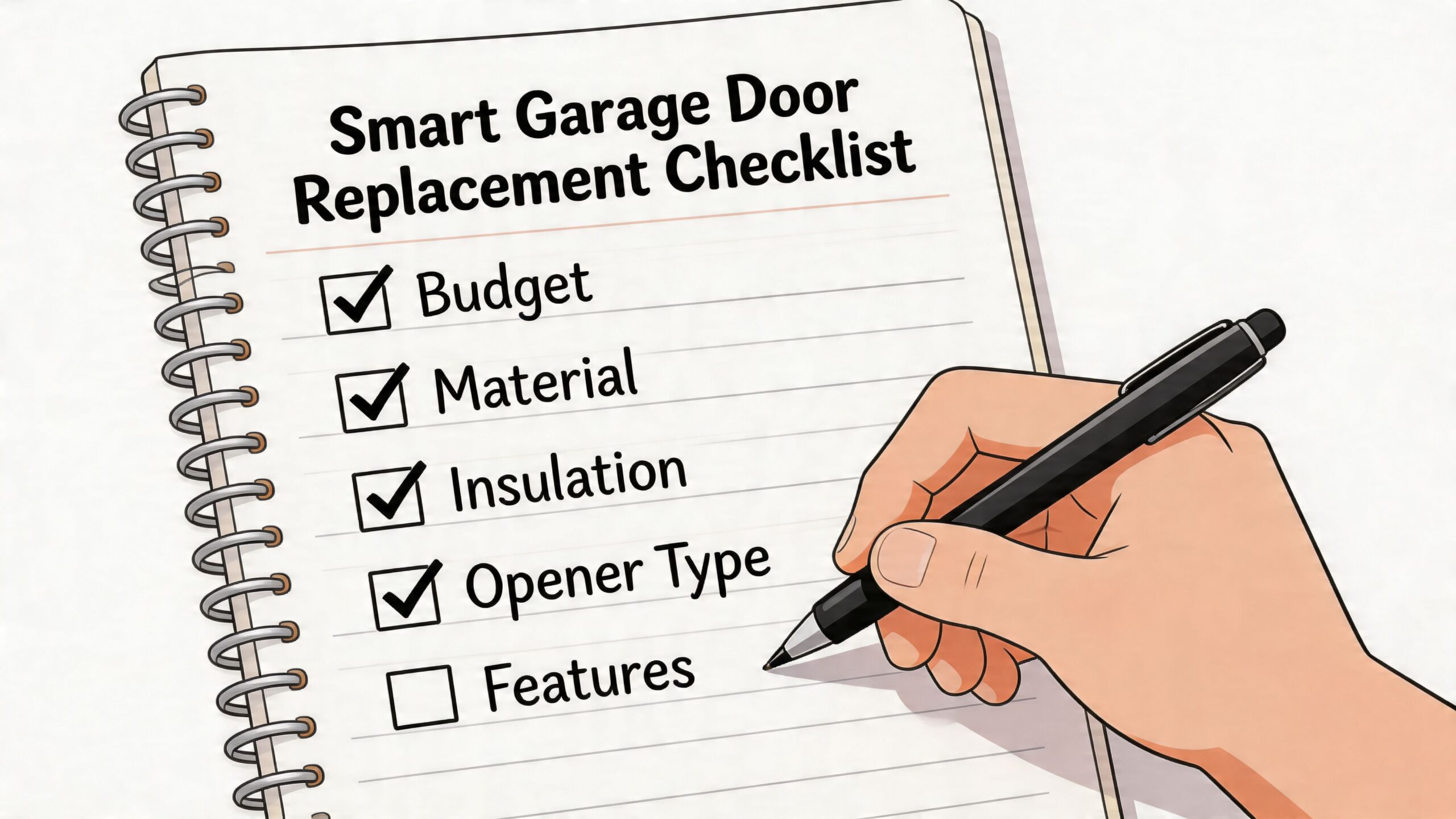 A hand holding a black pen checking off a smart garage door replacement checklist on a notebook.