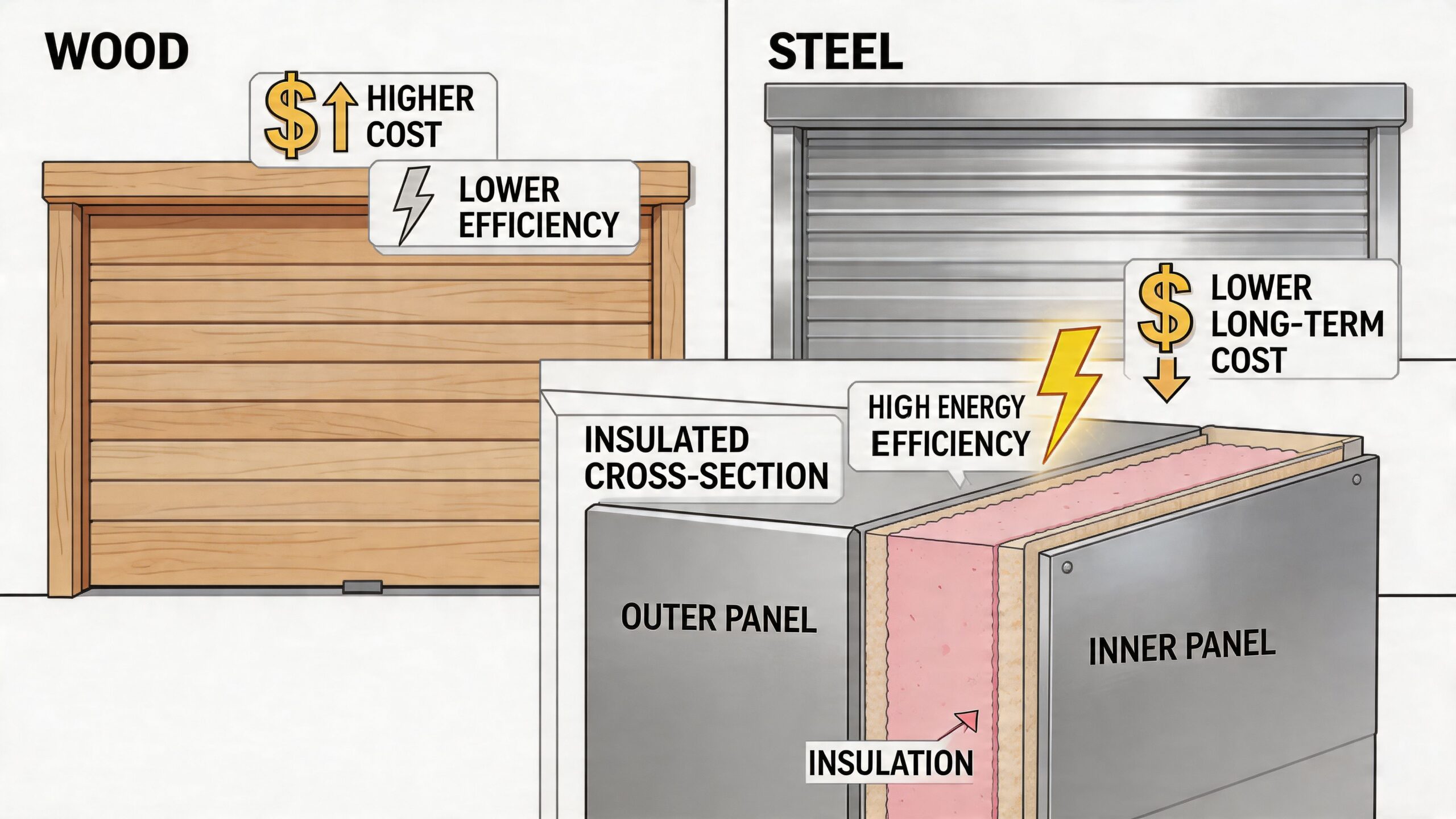 A comparative infographic showing the cost and efficiency differences between wood and insulated steel garage doors.