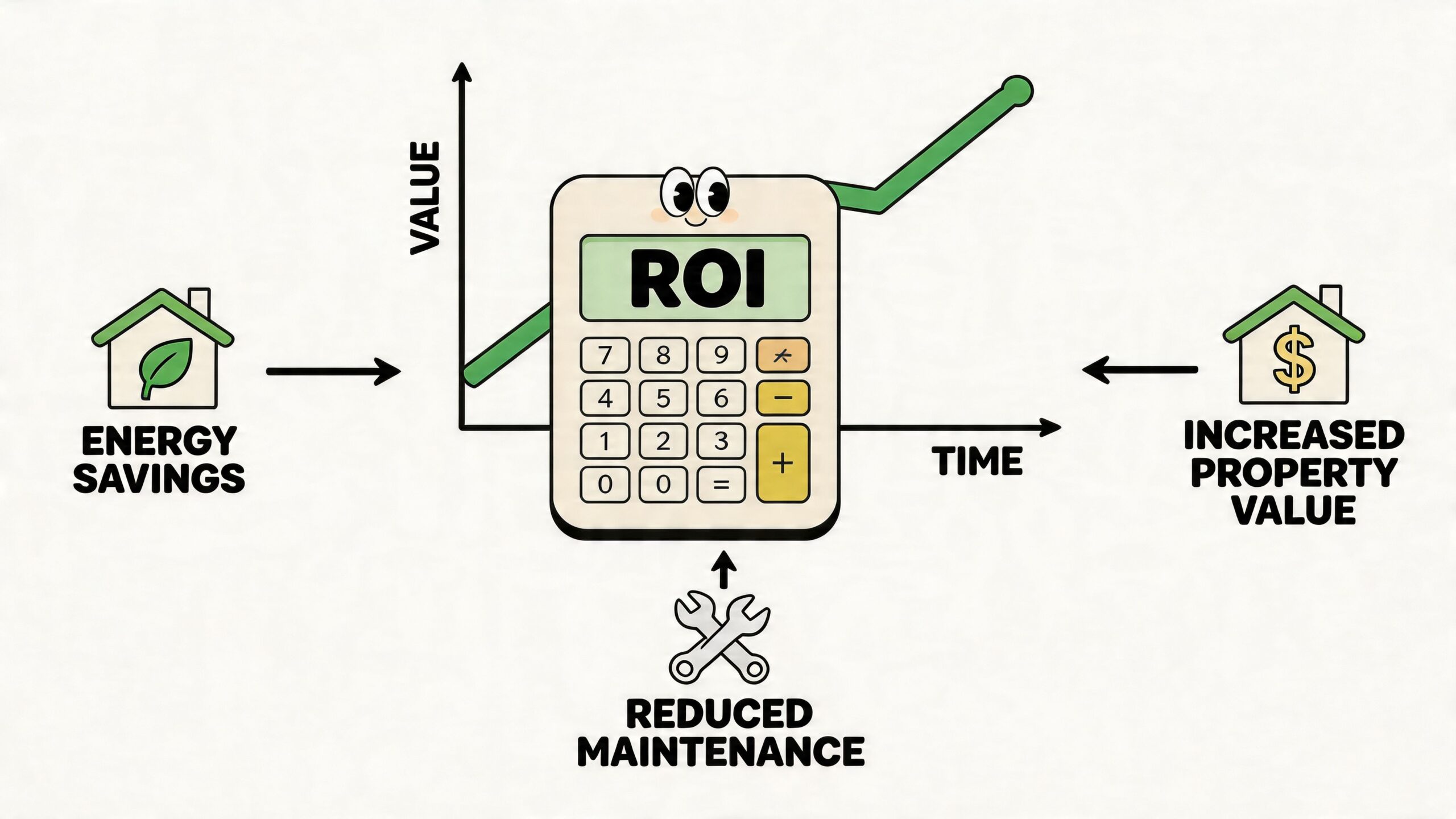 A cartoon calculator labeled ROI illustrating how energy savings and property value improvements benefit home investments.