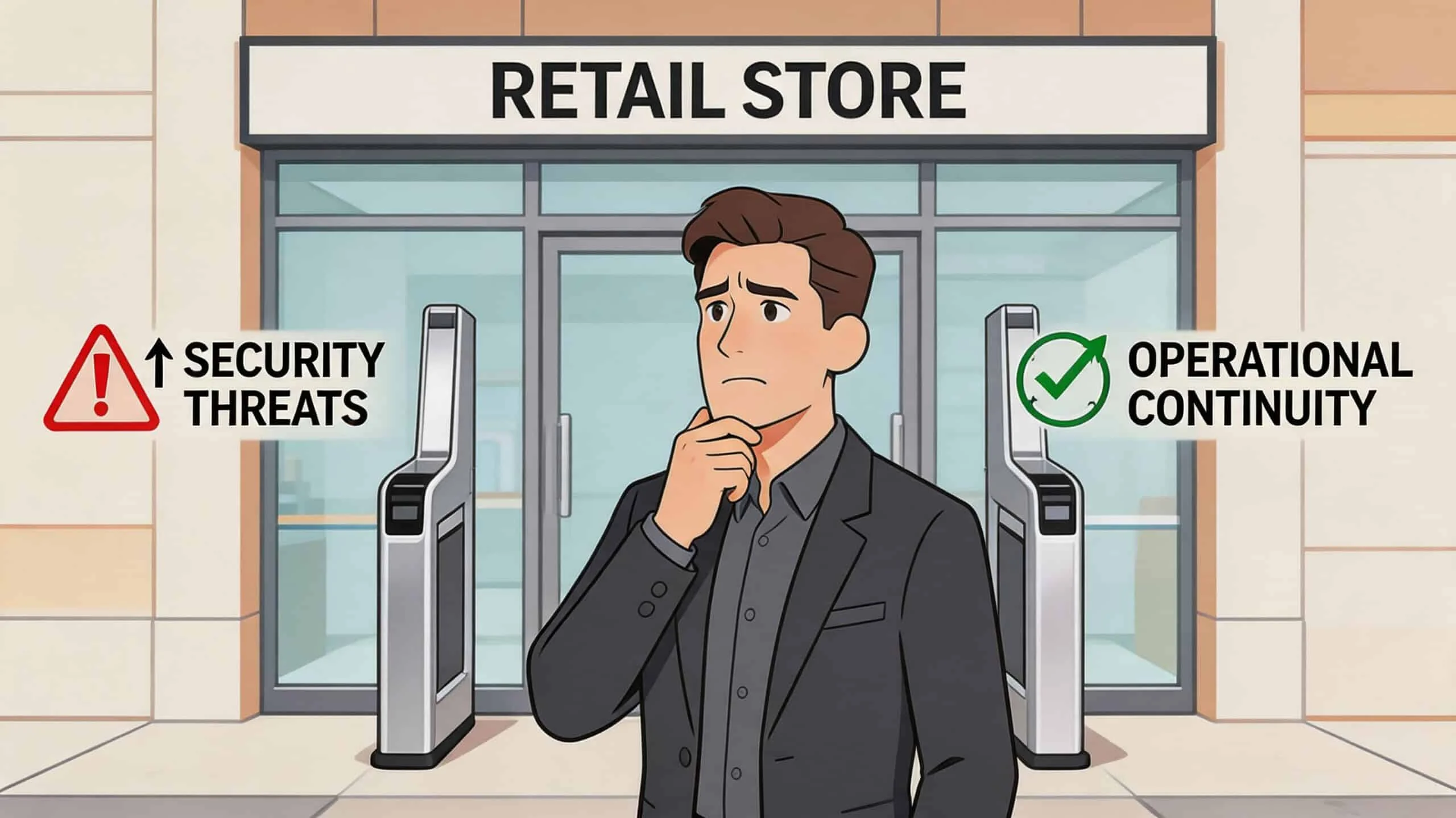 A businessman standing in front of a retail store considering security threats and operational continuity.