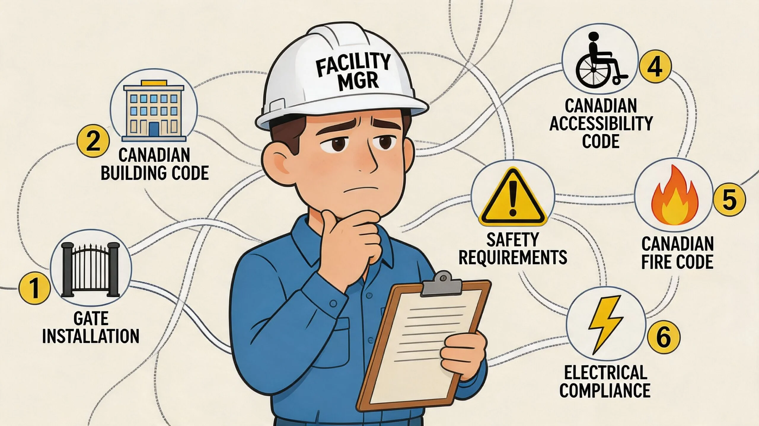 A concerned facility manager holding a clipboard while considering various Canadian building codes and safety regulations.