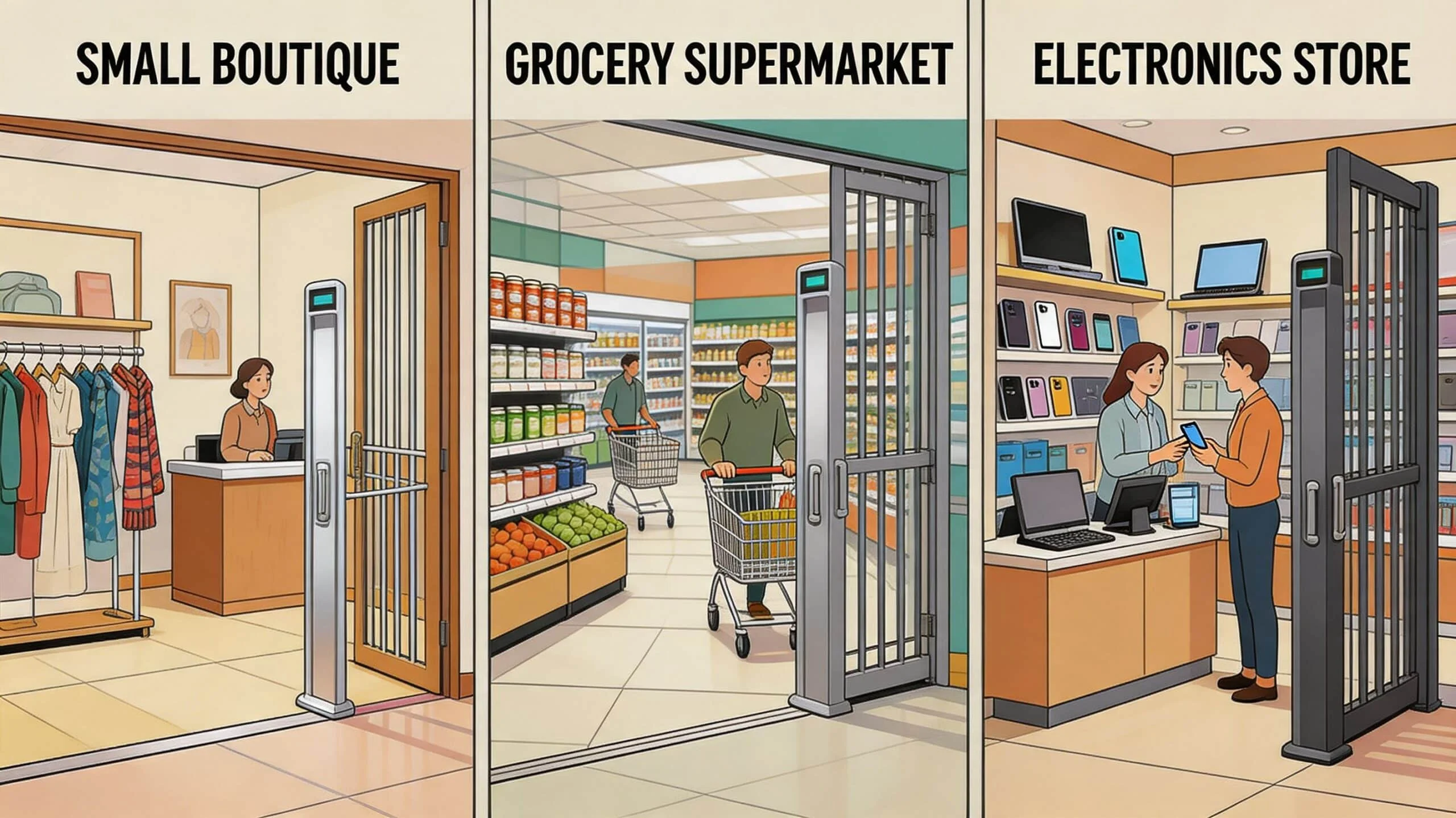 Three different retail stores each featuring electronic security anti-theft gates installed at their respective store entrances.