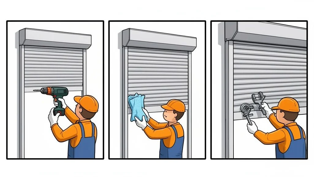 A professional technician wearing an orange hard hat and uniform repairing and cleaning roller shutters on windows.