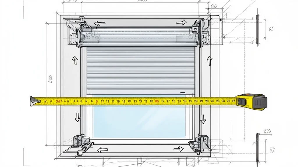 A technical diagram of a window roller shutter being measured with a yellow tape measure.
