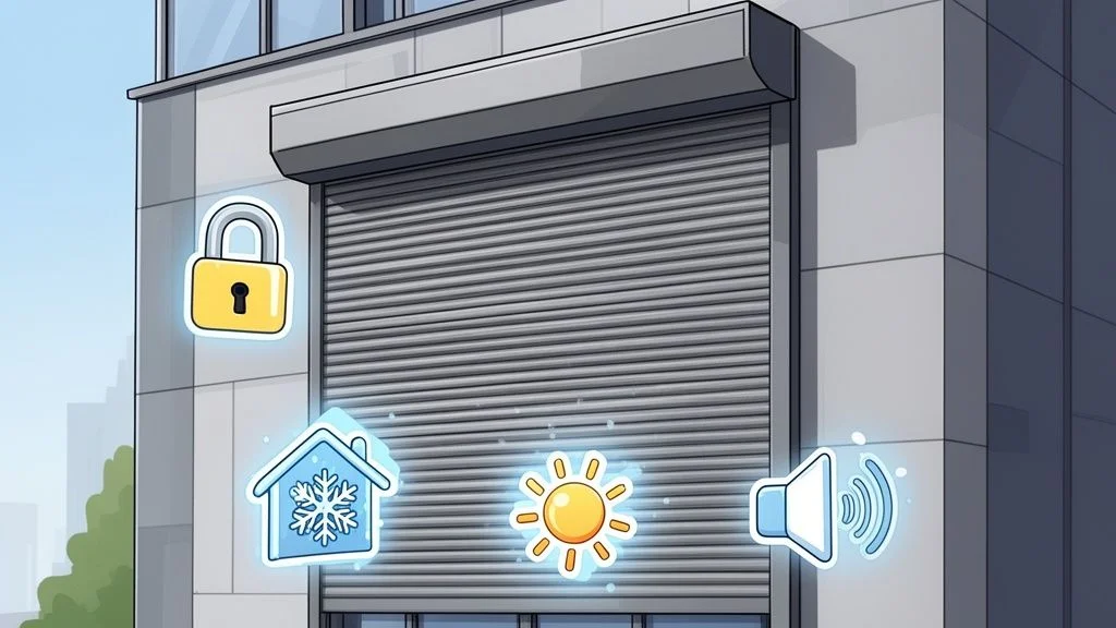 A modern building window featuring roller shutters with digital icons representing security, temperature control, and noise reduction.