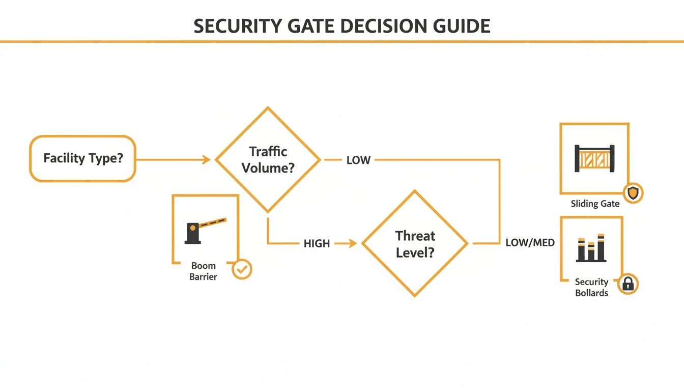Flowchart for selecting security gates, recommending boom barriers, sliding gates, or security bollards.
