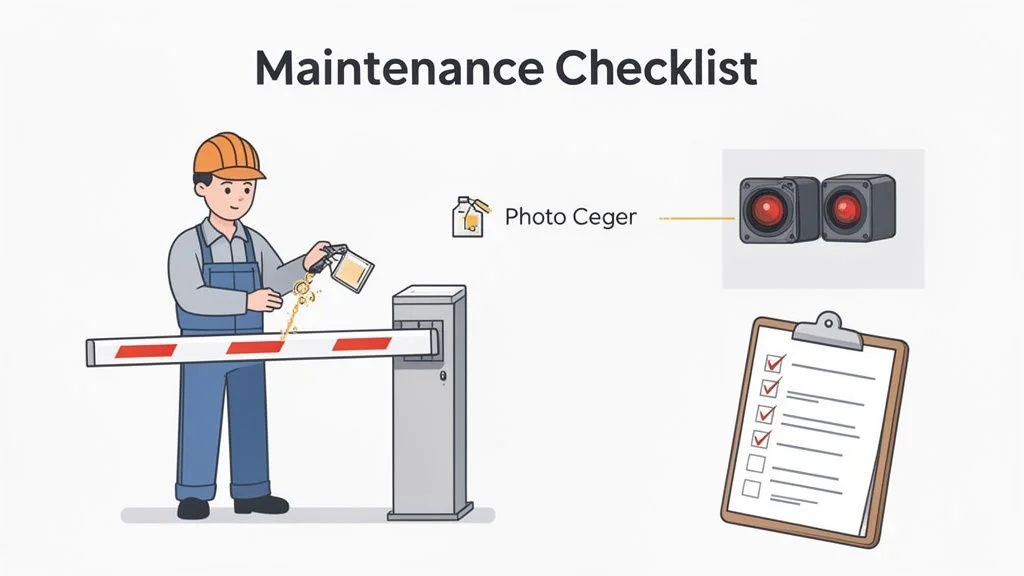 A man in work attire performing maintenance on a security barrier gate, with a checklist and security cameras visible.