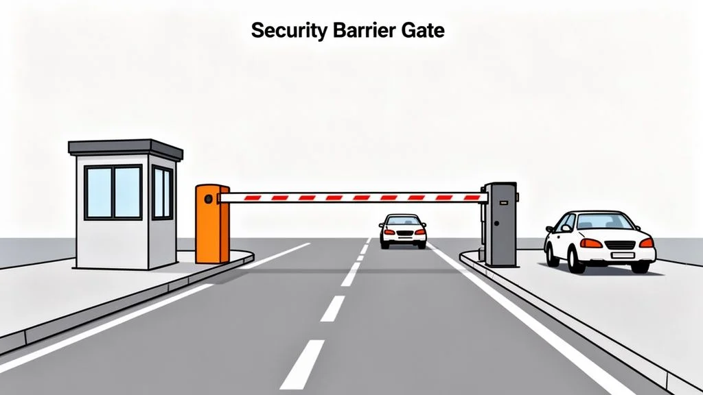 Illustration of a security barrier gate system with a guard booth and two cars on a road.