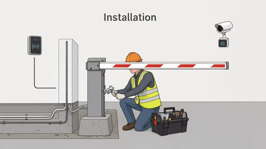 A worker installs a security barrier gate system with a card reader and CCTV camera.