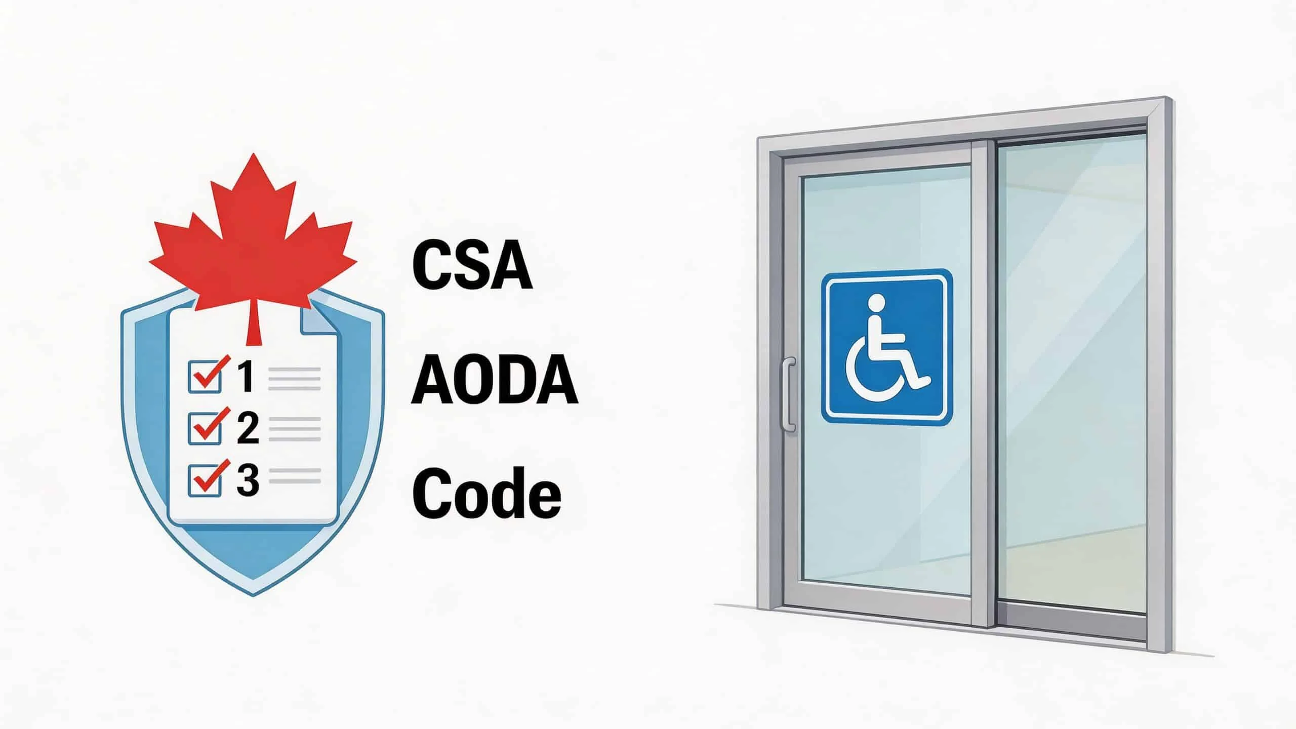 A graphic depicting CSA and AODA compliance next to a sliding door with a wheelchair accessibility sign.