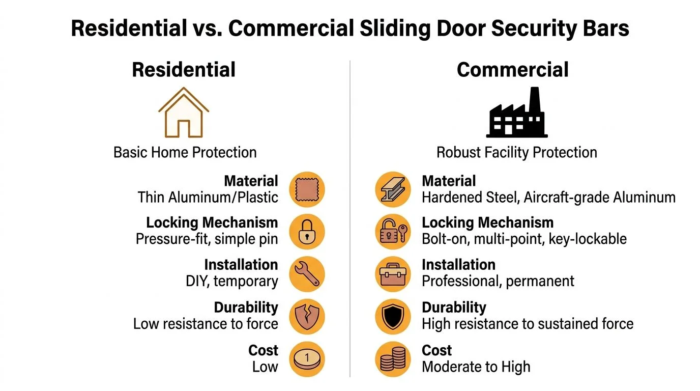A comparison chart outlining the key differences between residential and commercial sliding door security bars.