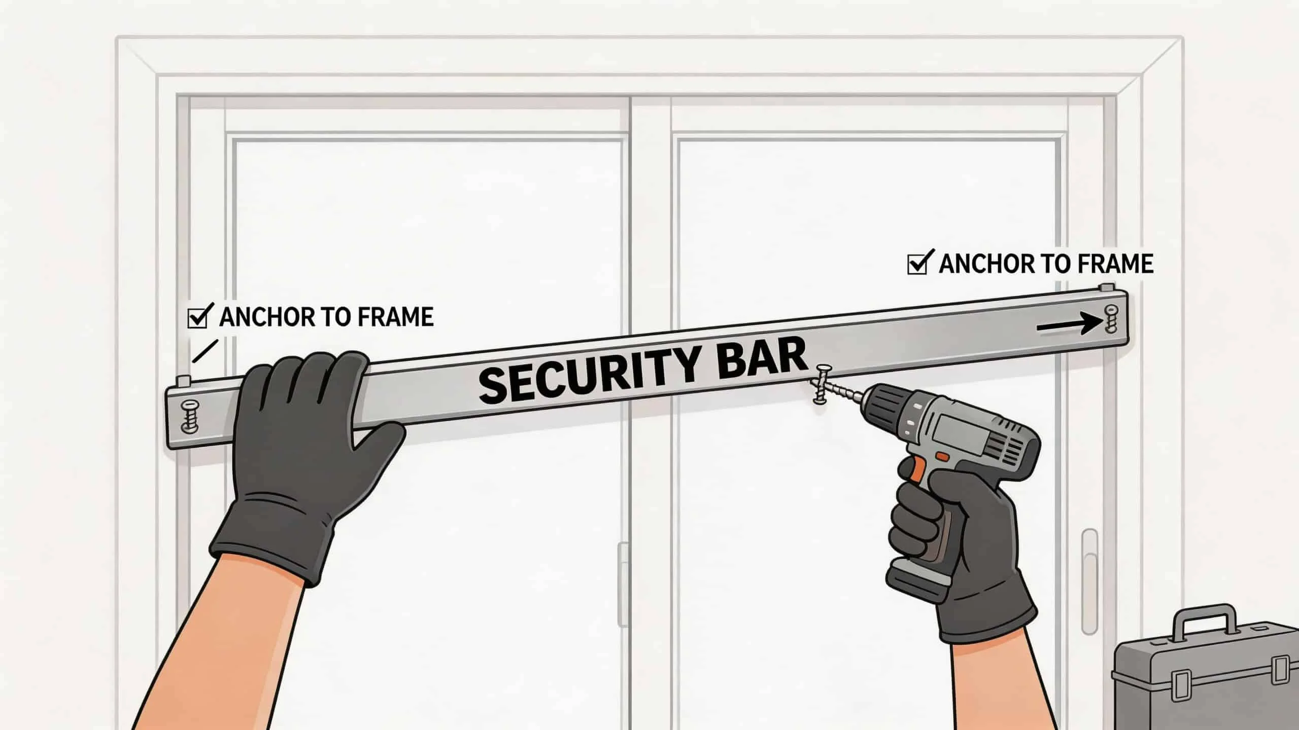 A person in gloves installs a metal security bar onto a sliding glass door frame with a drill.