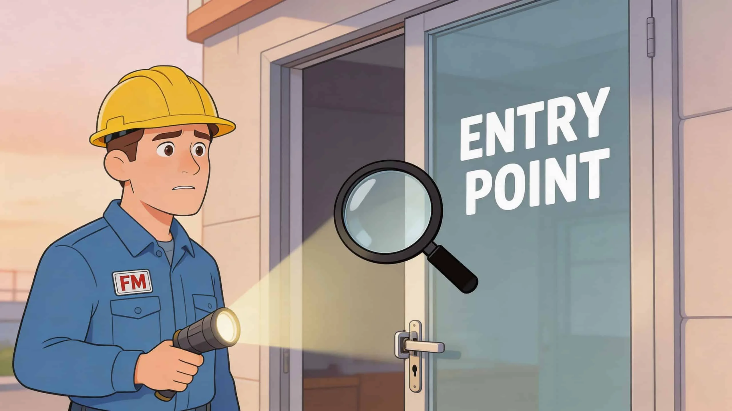 A maintenance worker in a hard hat shines a flashlight at a glass door labeled entry point.