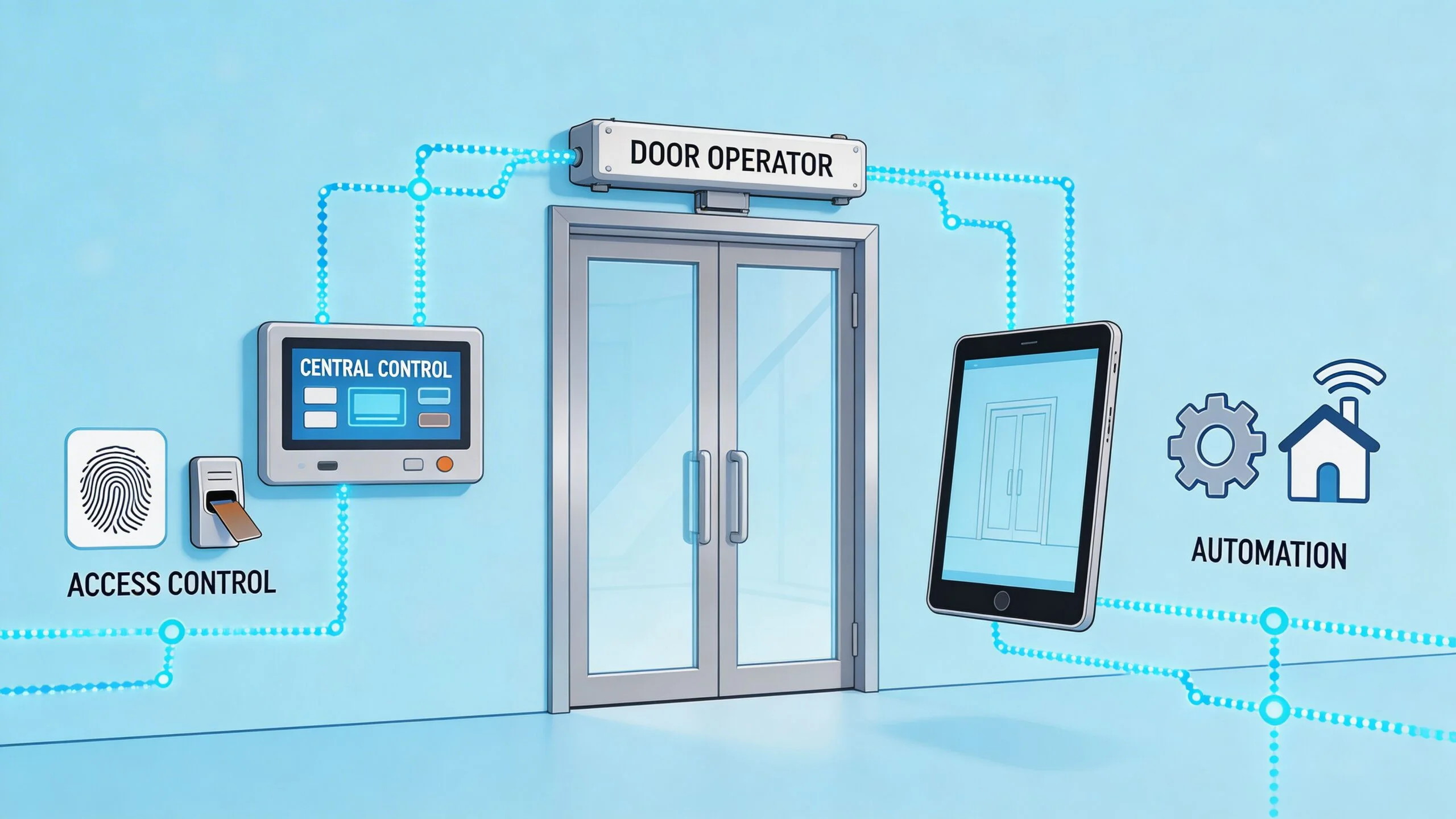 A diagram illustrating a modern automated door system connected to a central control unit and mobile app.