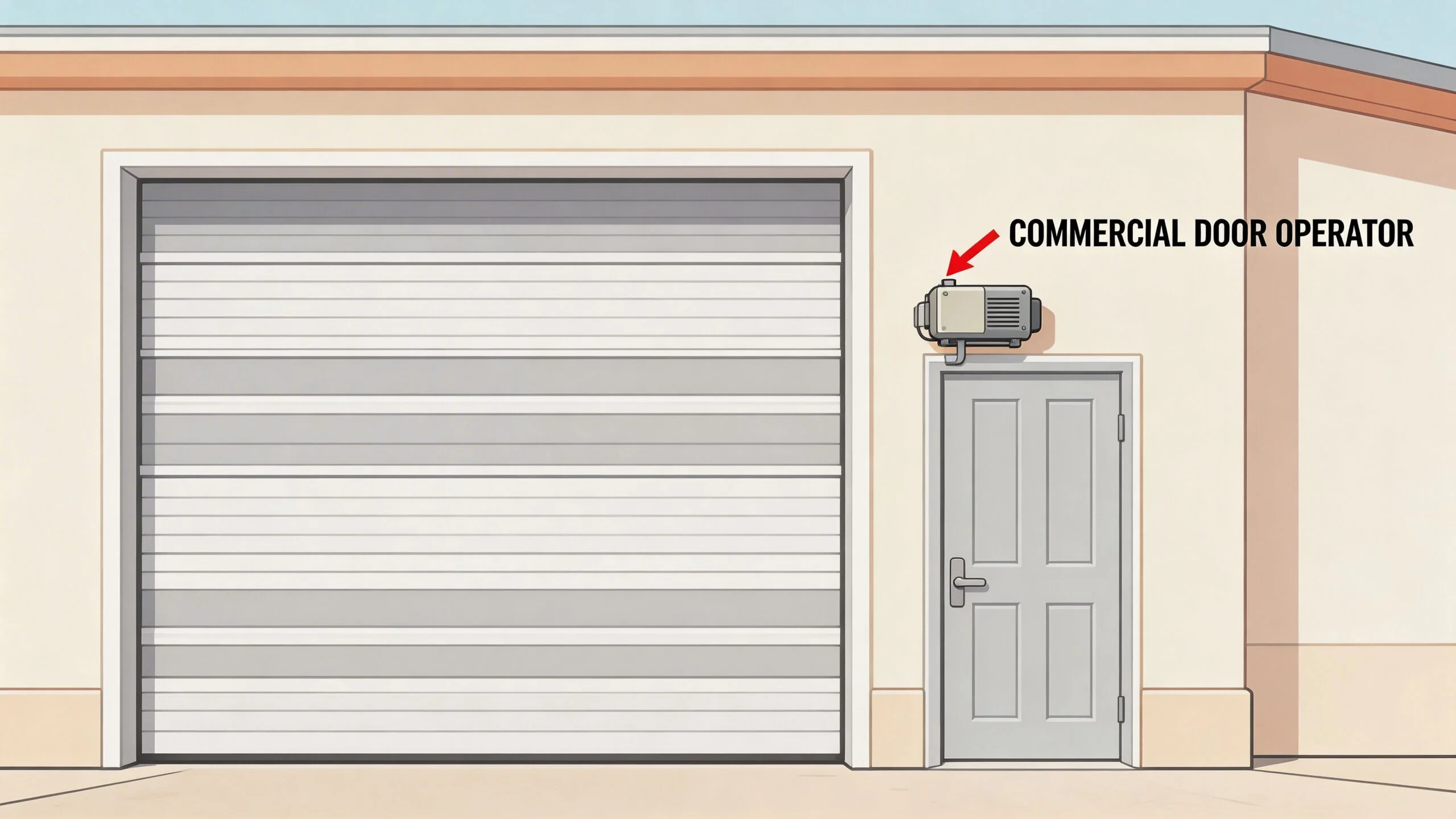 A commercial door operator installed on the wall next to a large roll-up metal garage door.