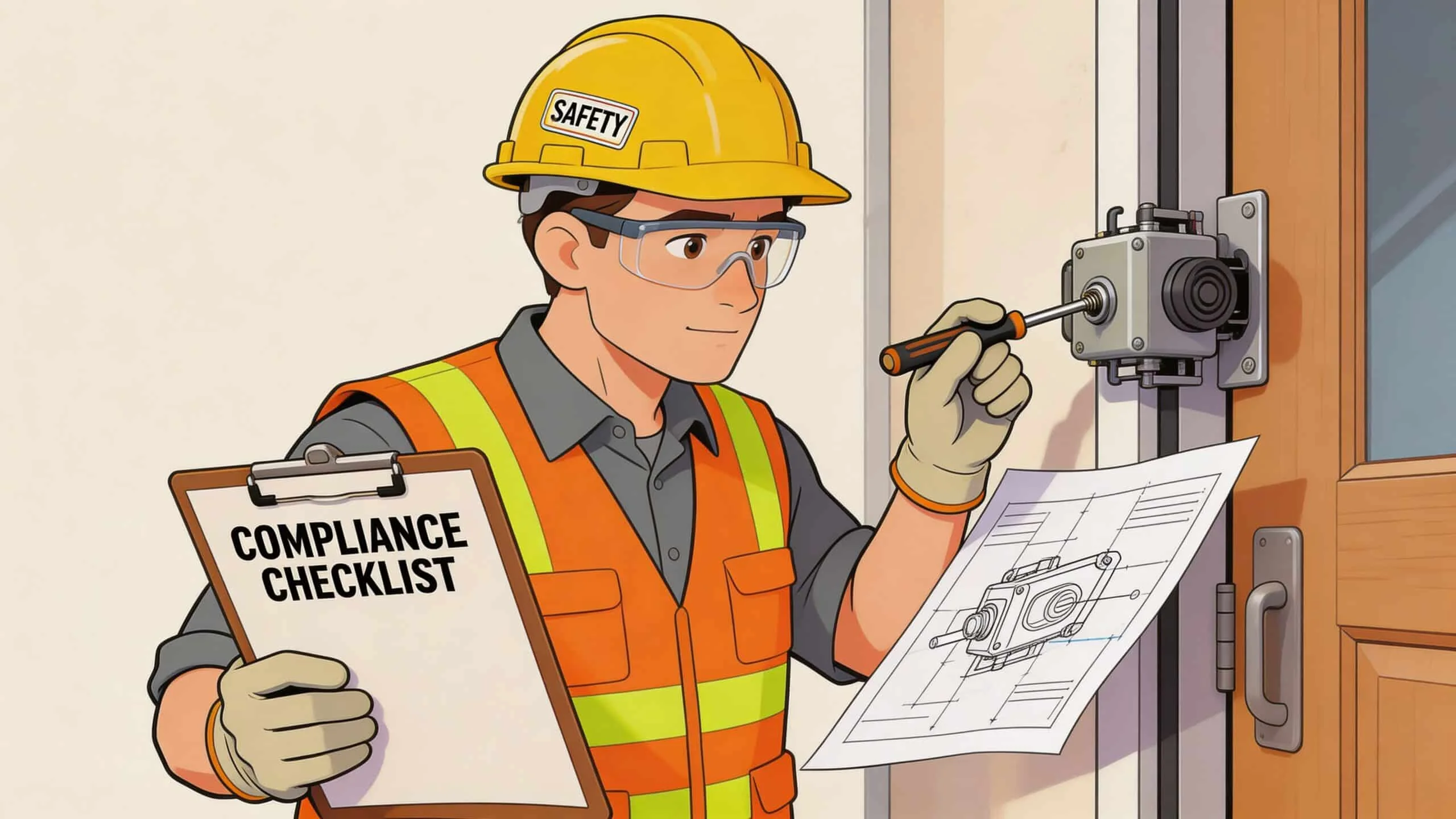 A safety inspector in a hard hat and high-visibility vest examining a side door garage opener mechanism.