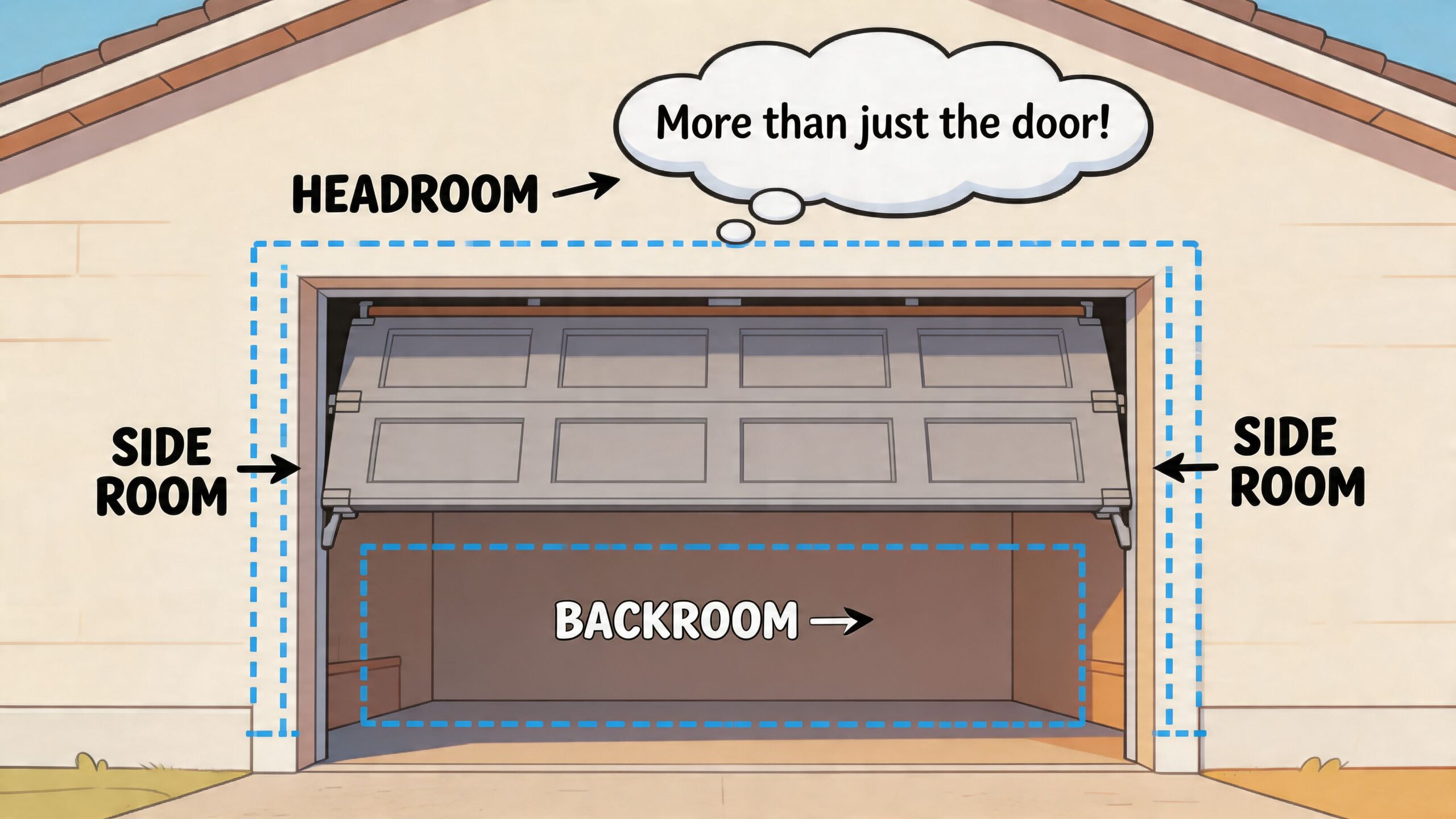 A diagram illustrating the necessary clearance spaces including headroom, side room, and backroom for garage door installation.