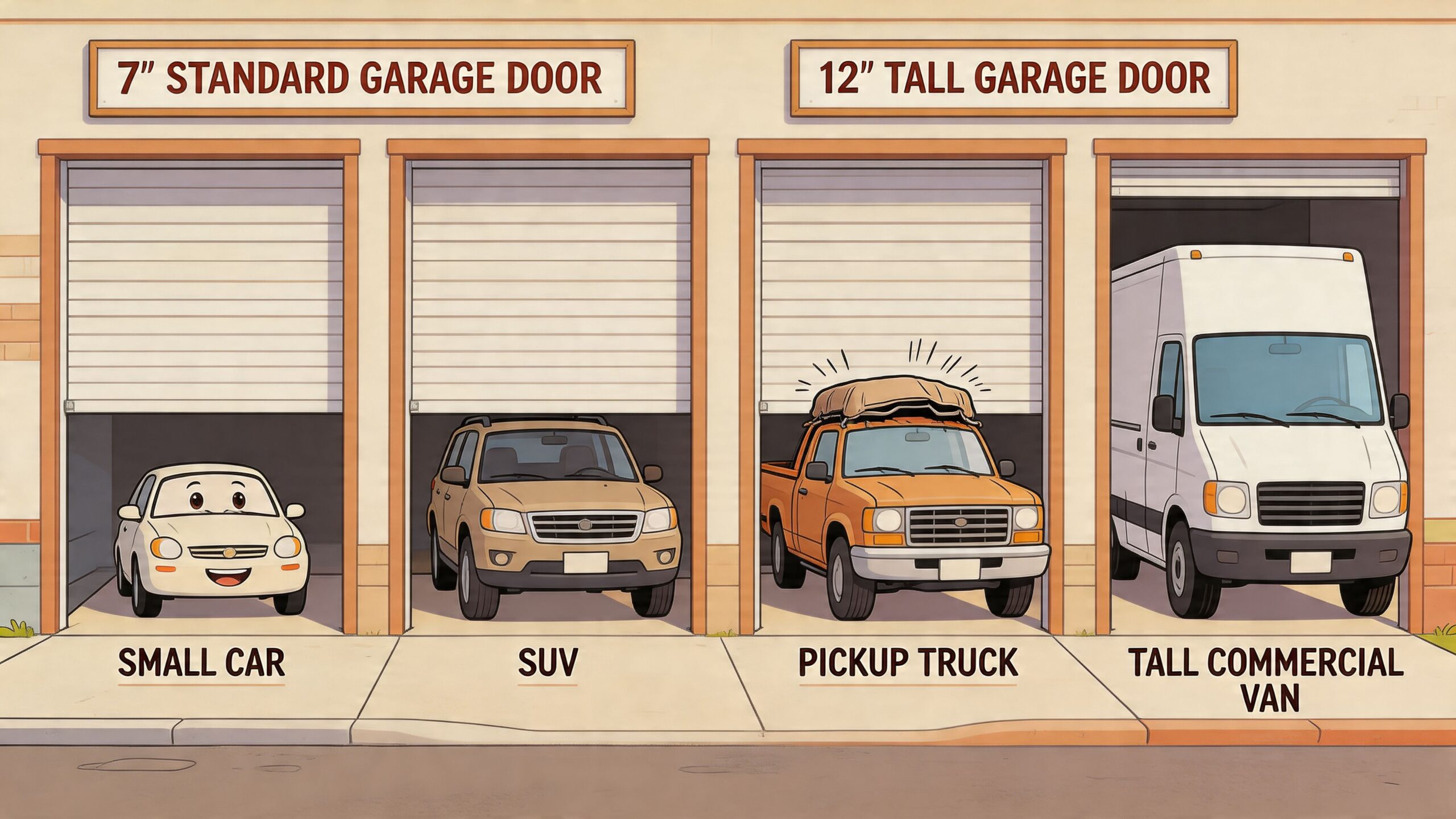 Illustration comparing standard seven-foot and tall twelve-foot garage door height requirements for various types of vehicles.