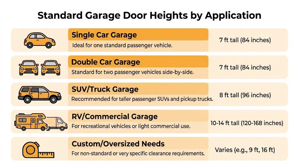A chart illustrating standard garage door heights for single, double, SUV, RV, and custom commercial applications.