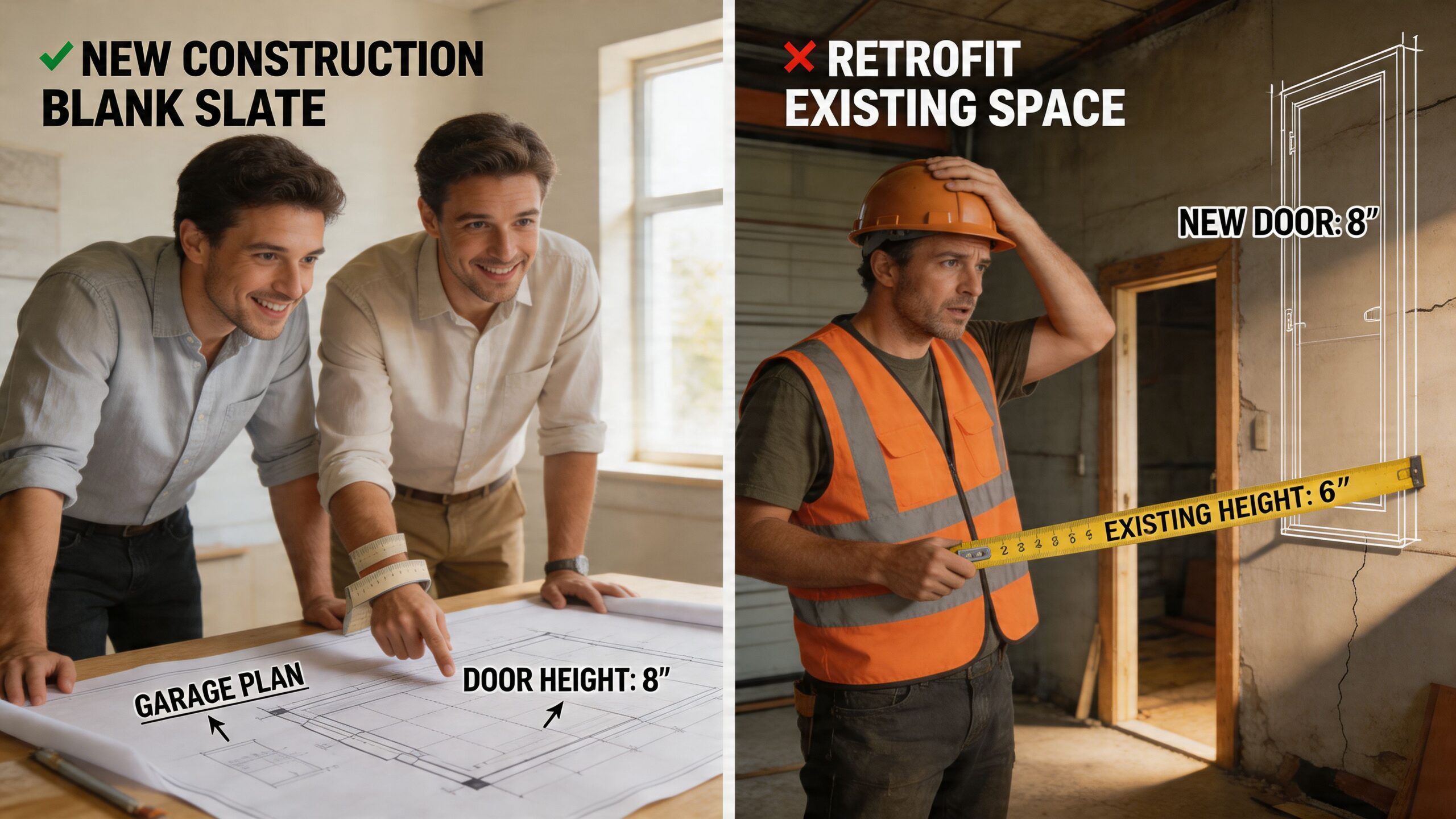 A split screen comparing new garage construction plans with retrofitting challenges in an existing space.