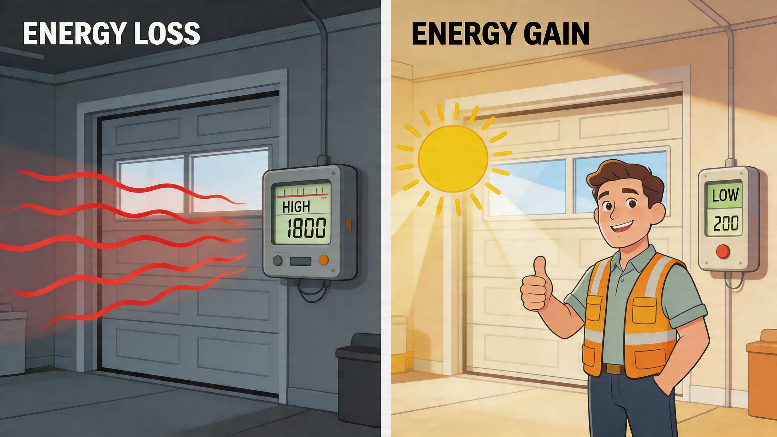 A split-screen comparison showing high energy loss in a dark garage versus low energy gain with sunlight.