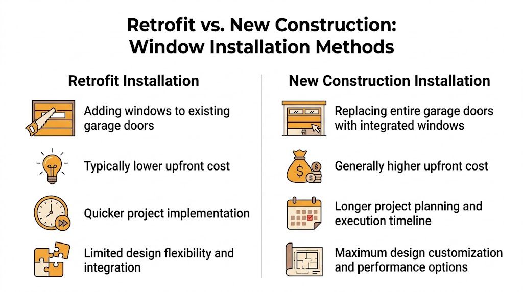 A comparison chart outlining the pros and cons of retrofit versus new construction garage window installation methods.
