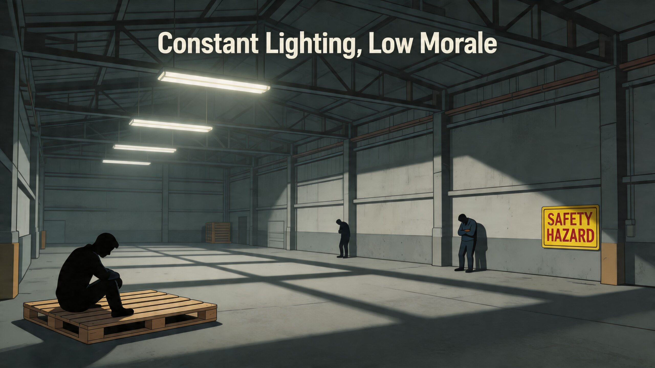 A digital illustration showing three depressed people in a dimly lit, vast industrial warehouse environment.