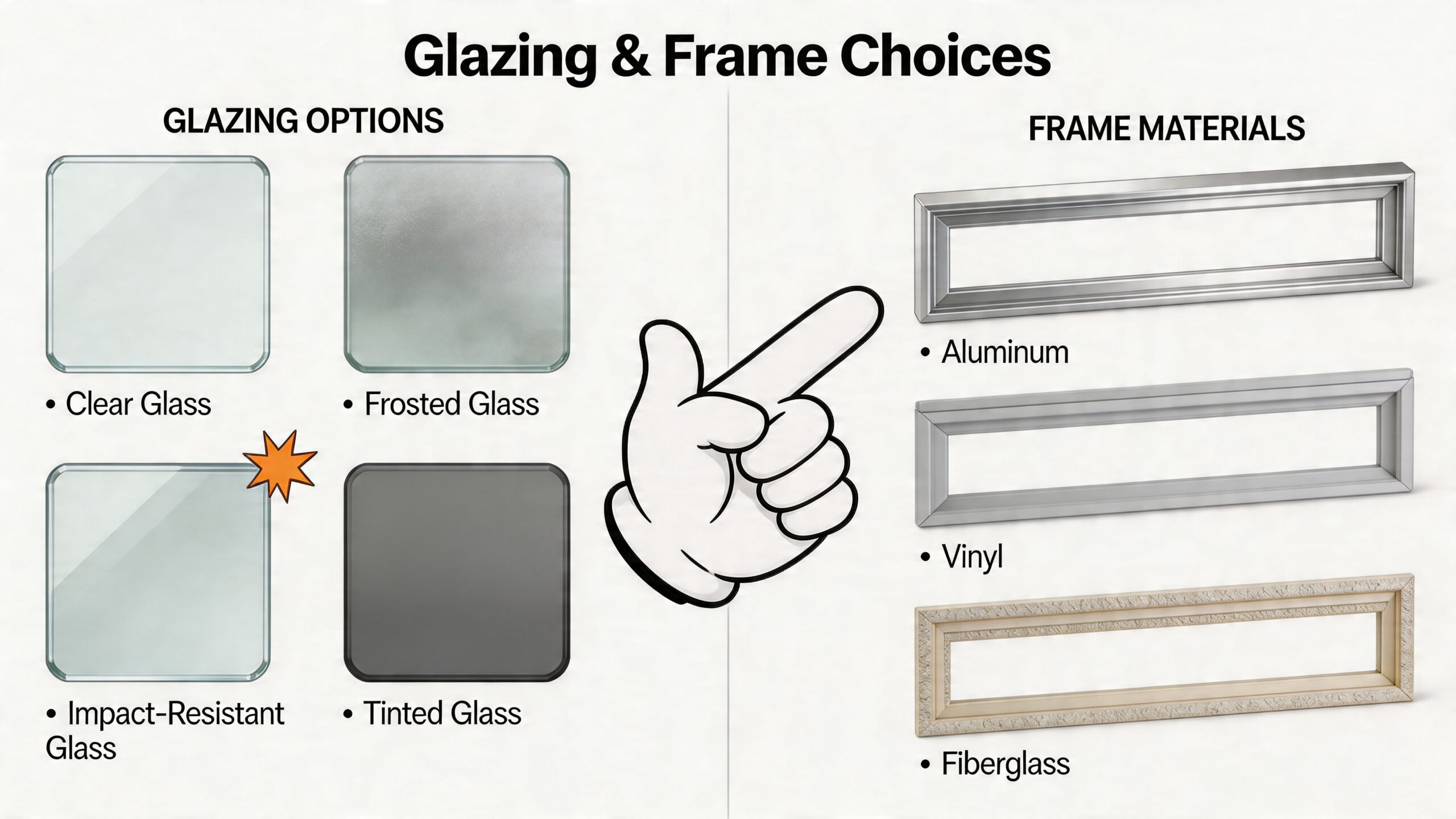 A visual guide showing various glass glazing options and different frame materials for residential window installation.