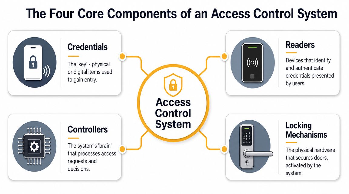 A diagram illustrating the four core components of an access control system: credentials, readers, controllers, and locking mechanisms.
