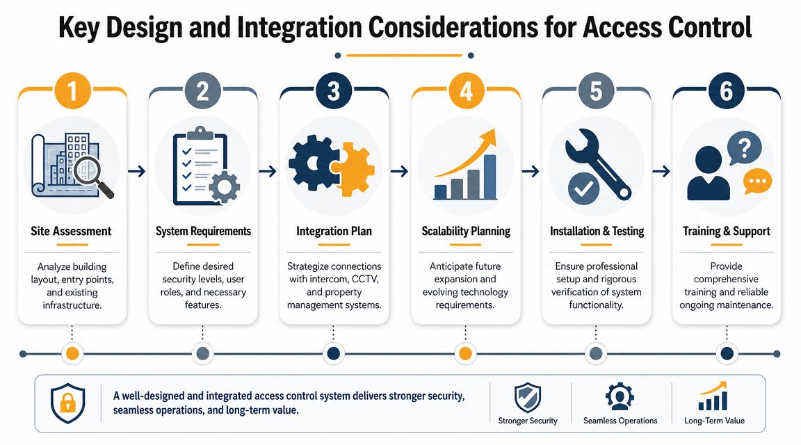 A flowchart infographic titled Key Design and Integration Considerations for Access Control with six steps.