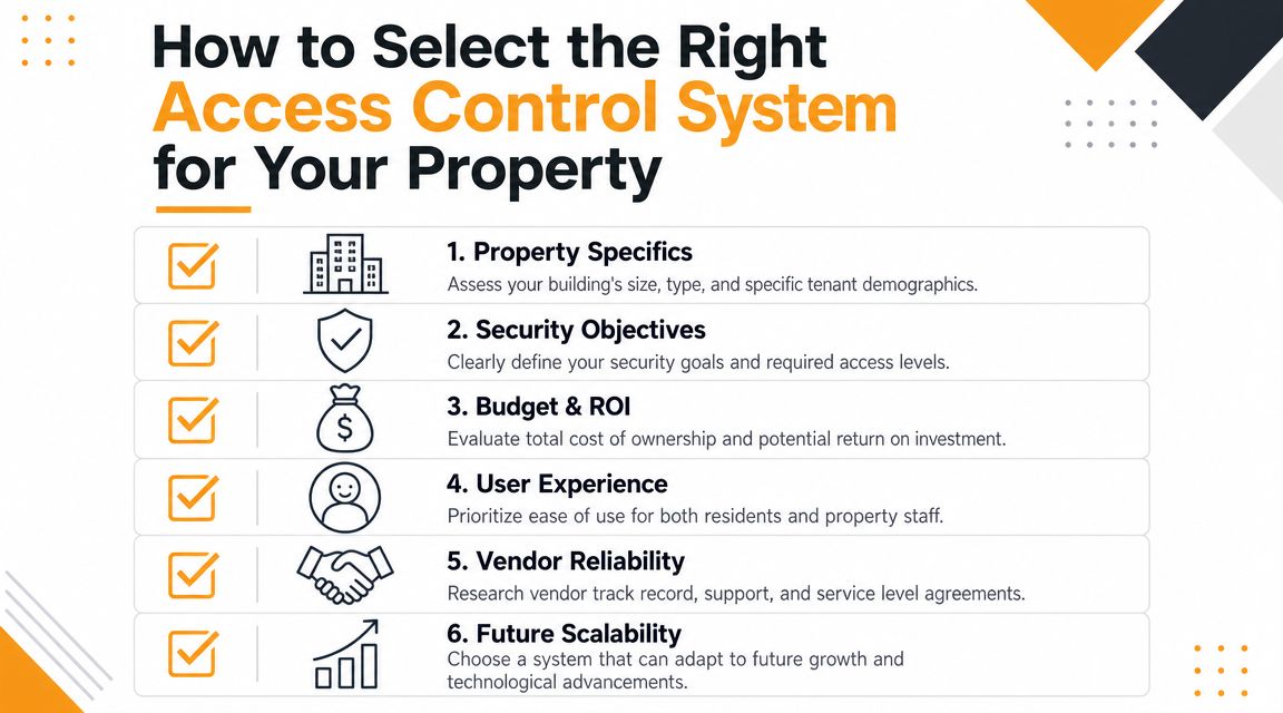 A checklist infographic titled How to Select the Right Access Control System for Your Property.