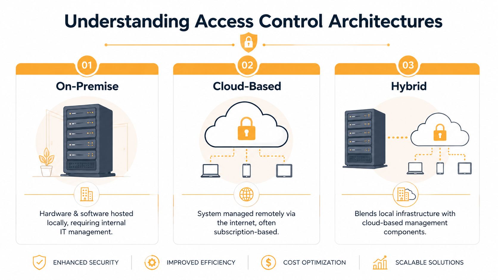 A diagram comparing on-premise, cloud-based, and hybrid access control system architectures with icons and descriptions.
