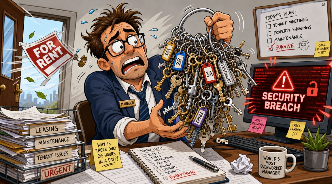 A stressed property manager overwhelmed by keys, overflowing paperwork, and a security breach computer notification.