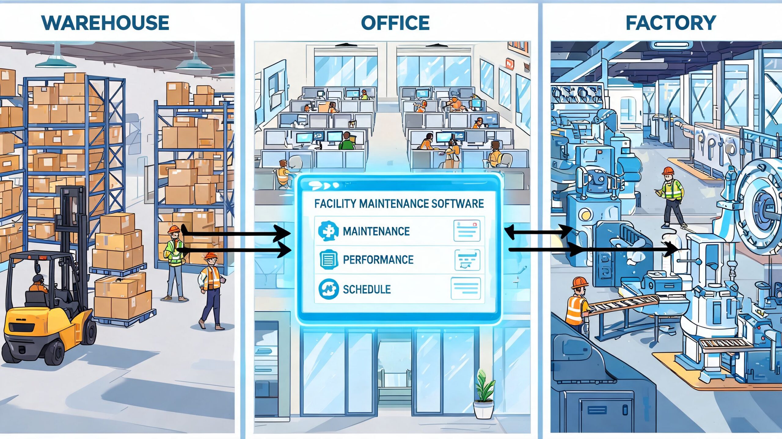 A diagram illustrating facility maintenance software connecting warehouse, office, and factory operations through a centralized digital system.