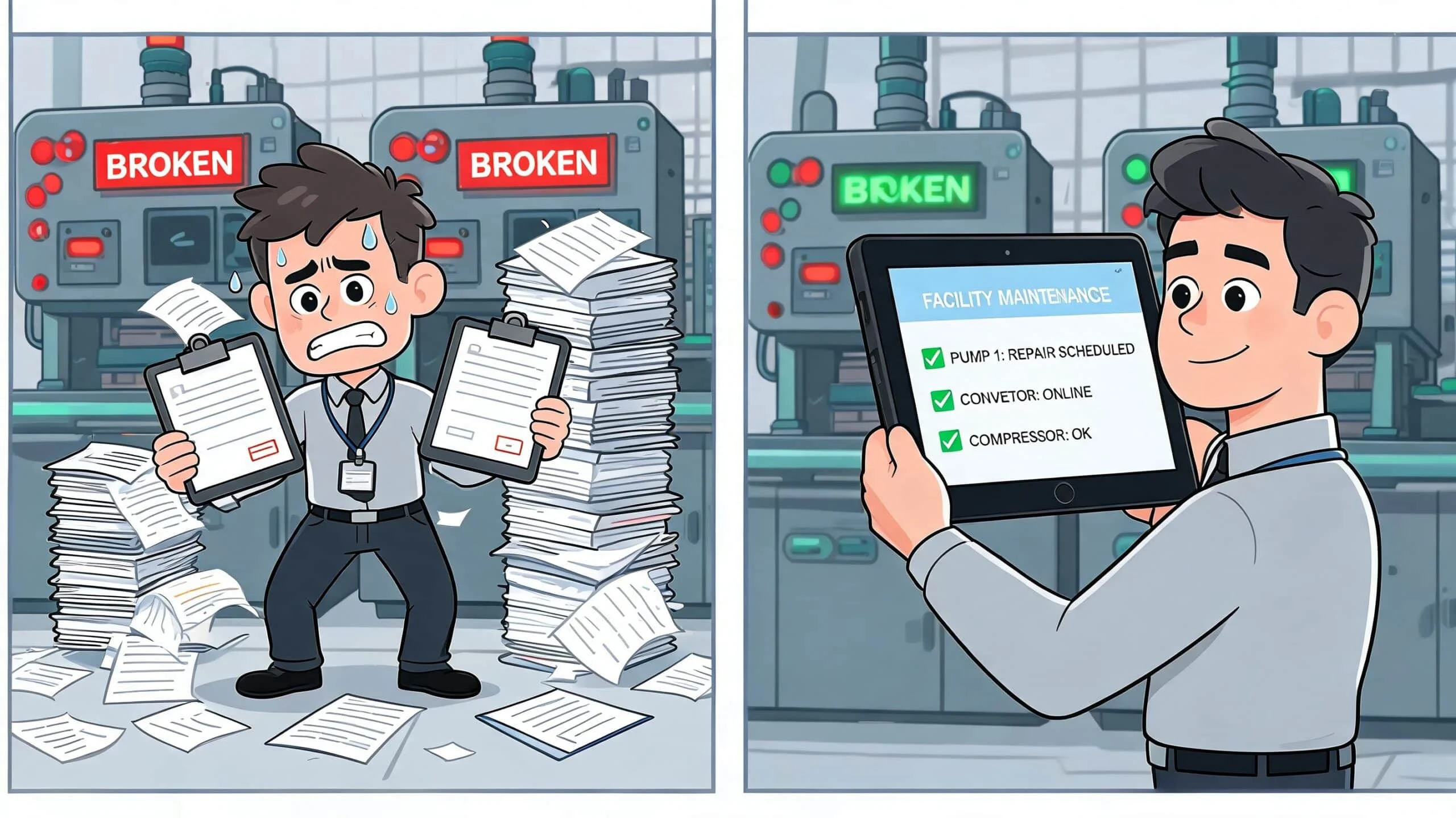 A split image showing a stressed worker overwhelmed by paperwork versus an efficient worker using digital software.