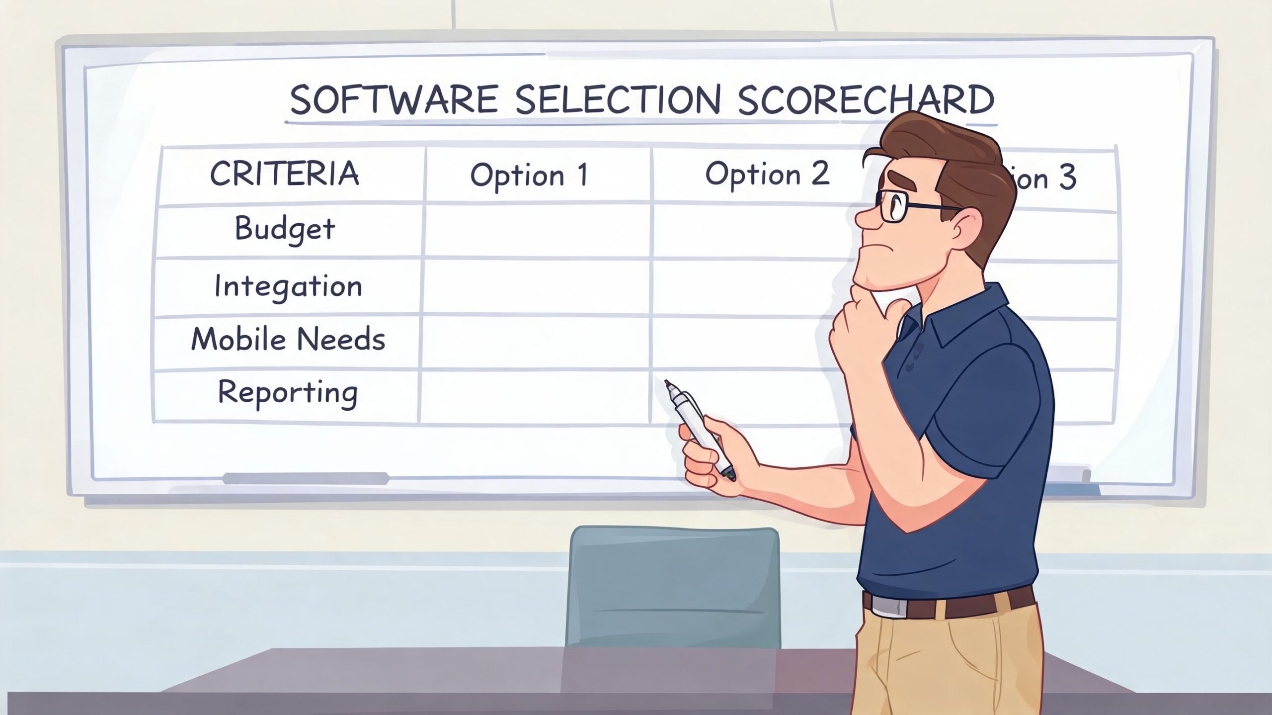 A professional man standing in front of a software selection scorecard whiteboard, contemplating his choice.