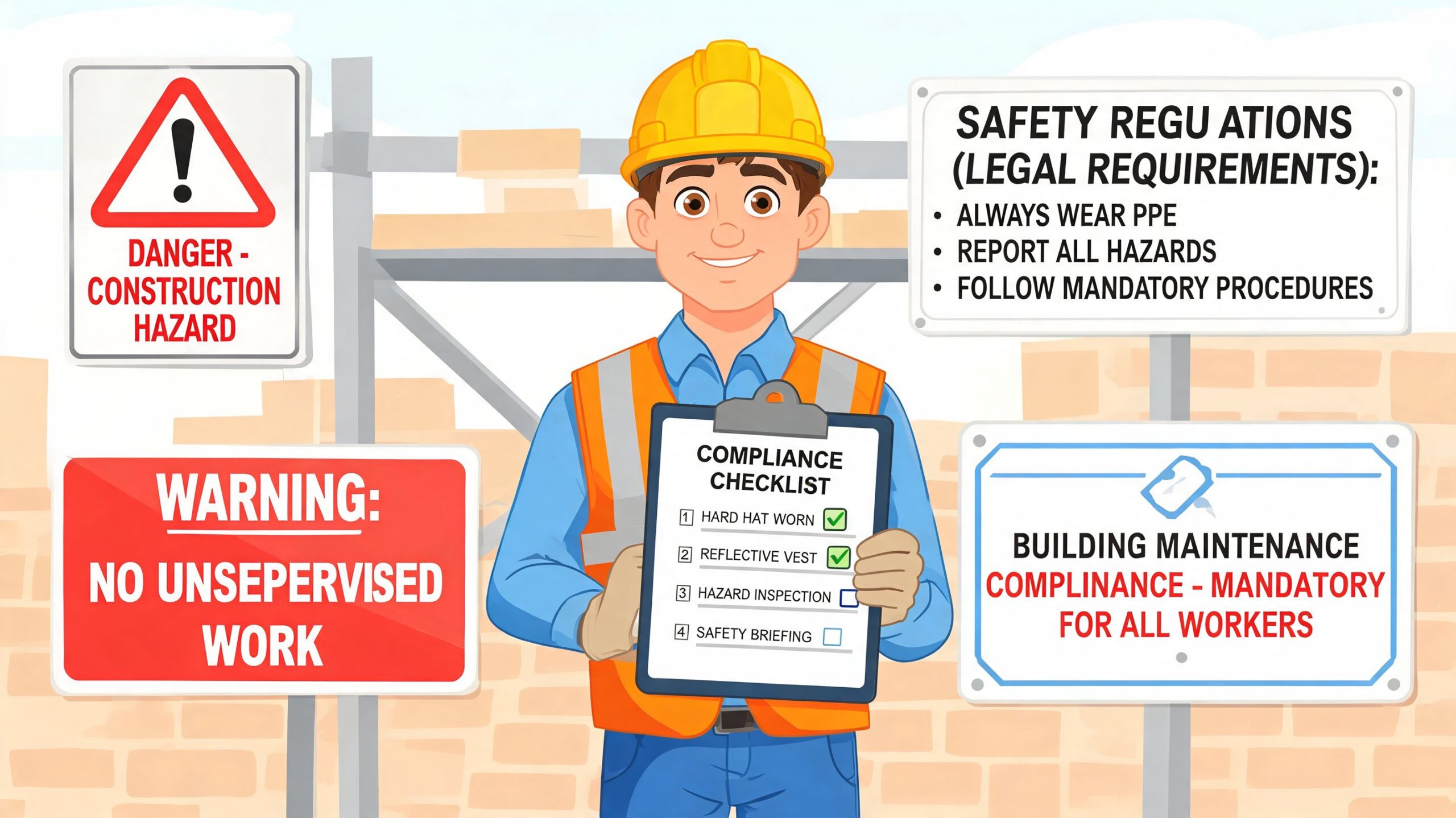 A friendly construction worker holding a compliance checklist with safety signs displayed in the background.