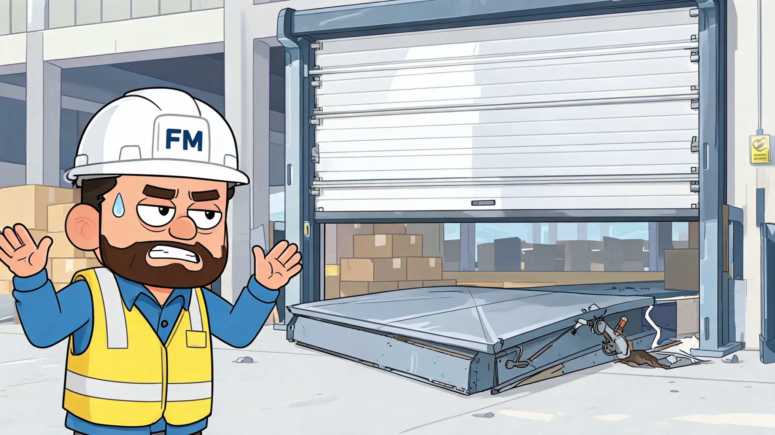 A worried construction worker in safety gear stands before a malfunctioning warehouse loading dock door.