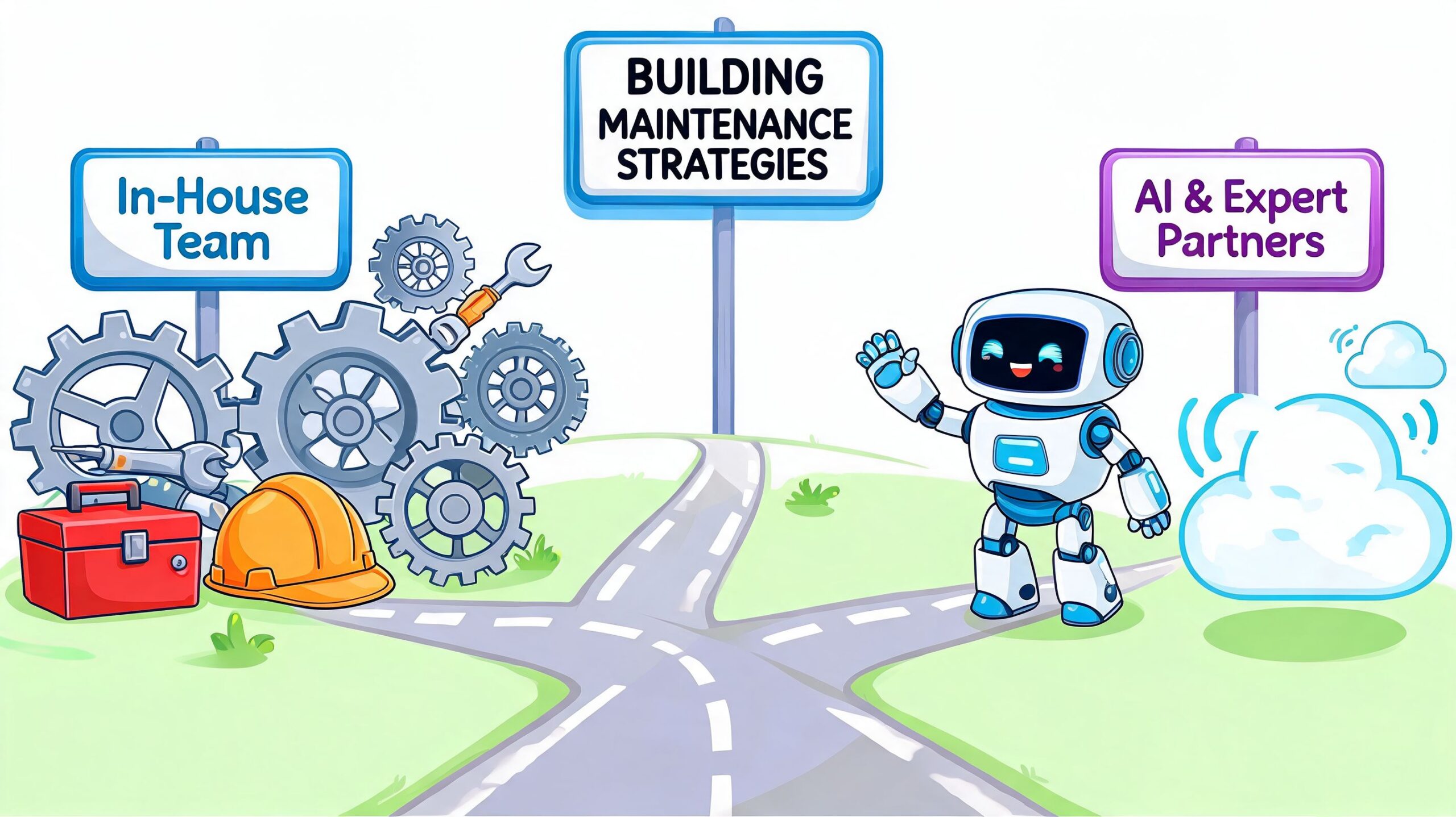 A split road path illustrating a choice between in-house building maintenance team and AI expert partners.