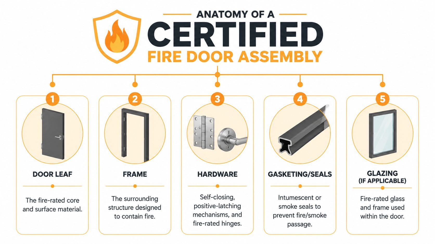 An infographic showing the five essential components of a certified fire door assembly for building safety.