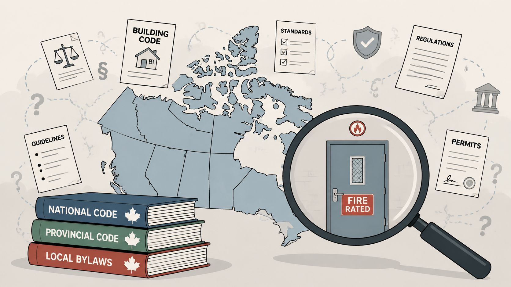 A map of Canada surrounded by regulatory documents and a magnifying glass focused on a fire-rated door.
