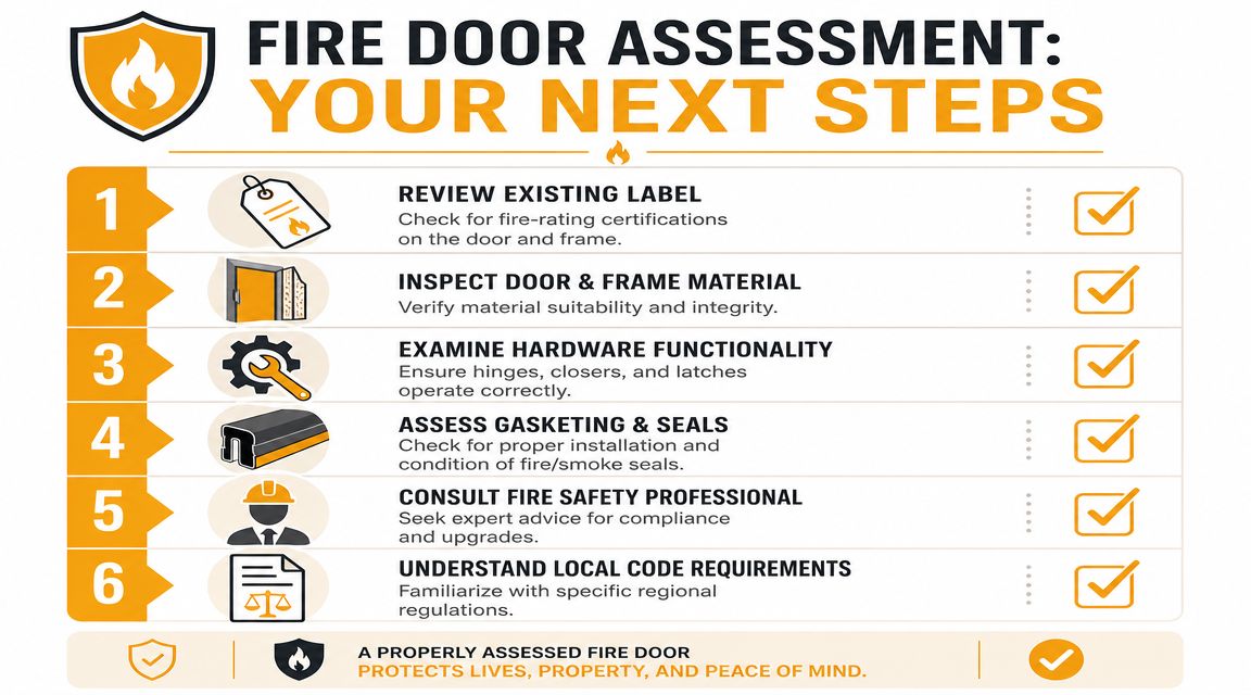 A step-by-step infographic guide on how to assess fire doors for safety compliance and regulatory standards.